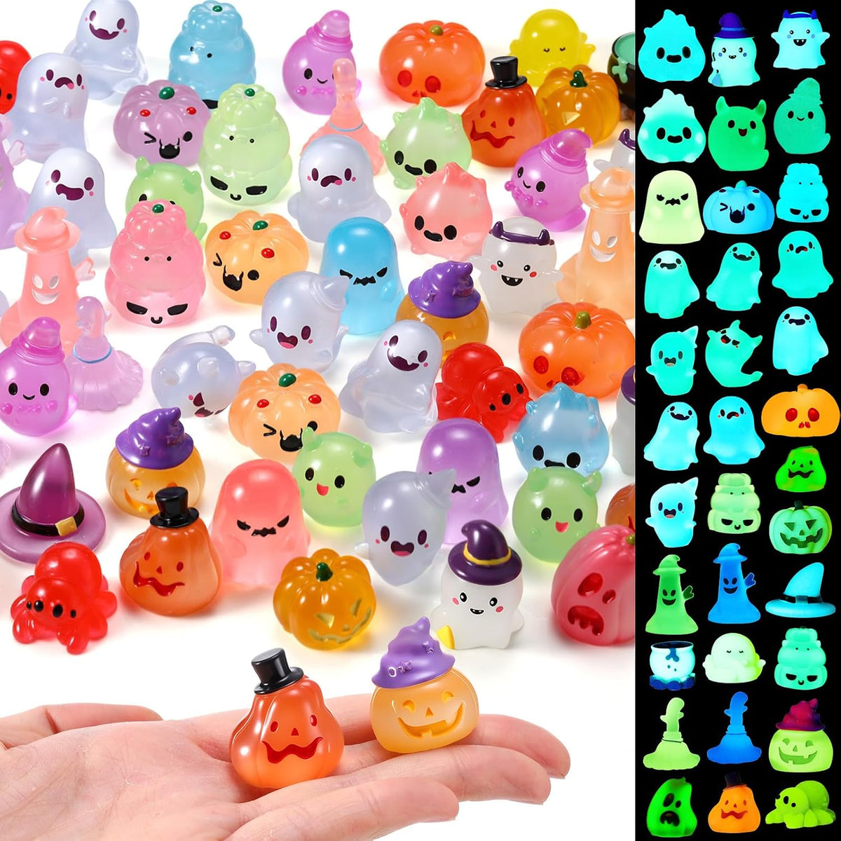 Seenelling 72 Pcs Halloween Mini Resin Pumpkin Ghost Figures Glow in Dark | Mini Resin Ornaments Glow in Dark, Luminous Pumpkin for Garden Dollhouse, Halloween Party Crafts Decoration