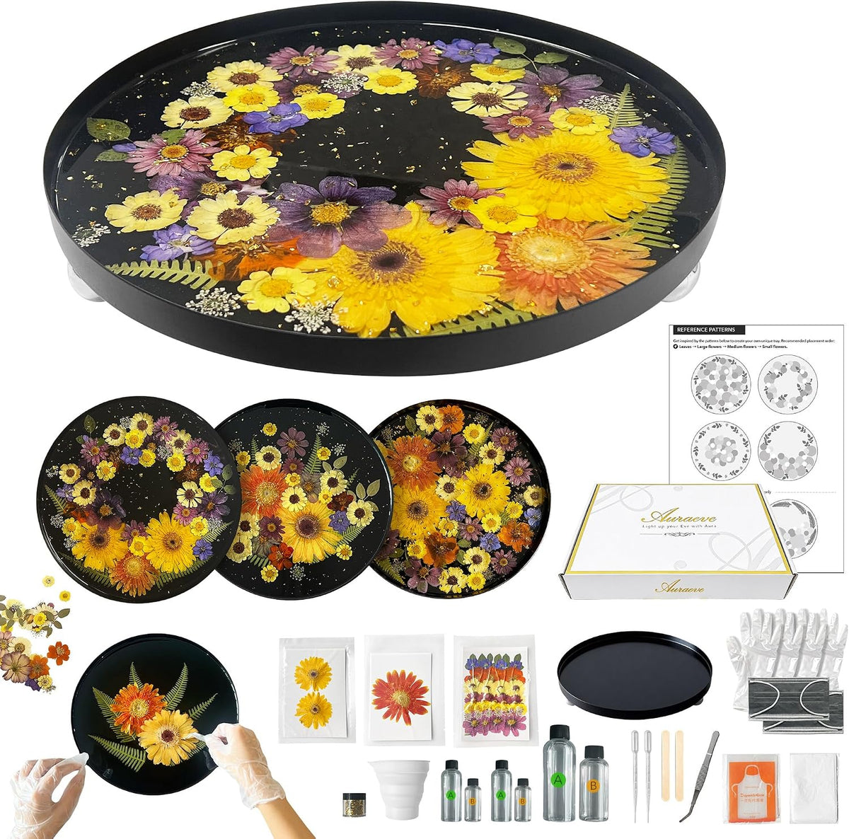 Auraeve All-in-One Resin Tray Craft Kit for Adults, Women, Crafter, Beige | 54Pcs Real Flowers, 13.2oz Pre-Measured Resin, 11.8 Metal Tray, 2 Person Protection, Hobby Activity, Gift, Pro Vision