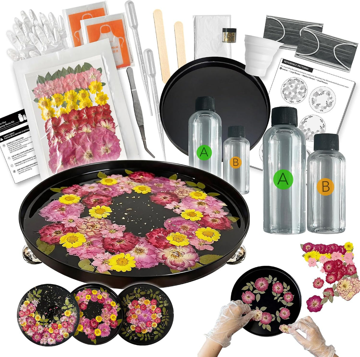 Auraeve All-in-One Resin Tray Craft Kit for Adults, Women, Crafter, Beige | 55Pcs Real Flowers, 10oz Pre-Measured Resin, 9.8 Metal Tray, 2 Person Protection, Hobby Activity, Gift, Beginner Friendly