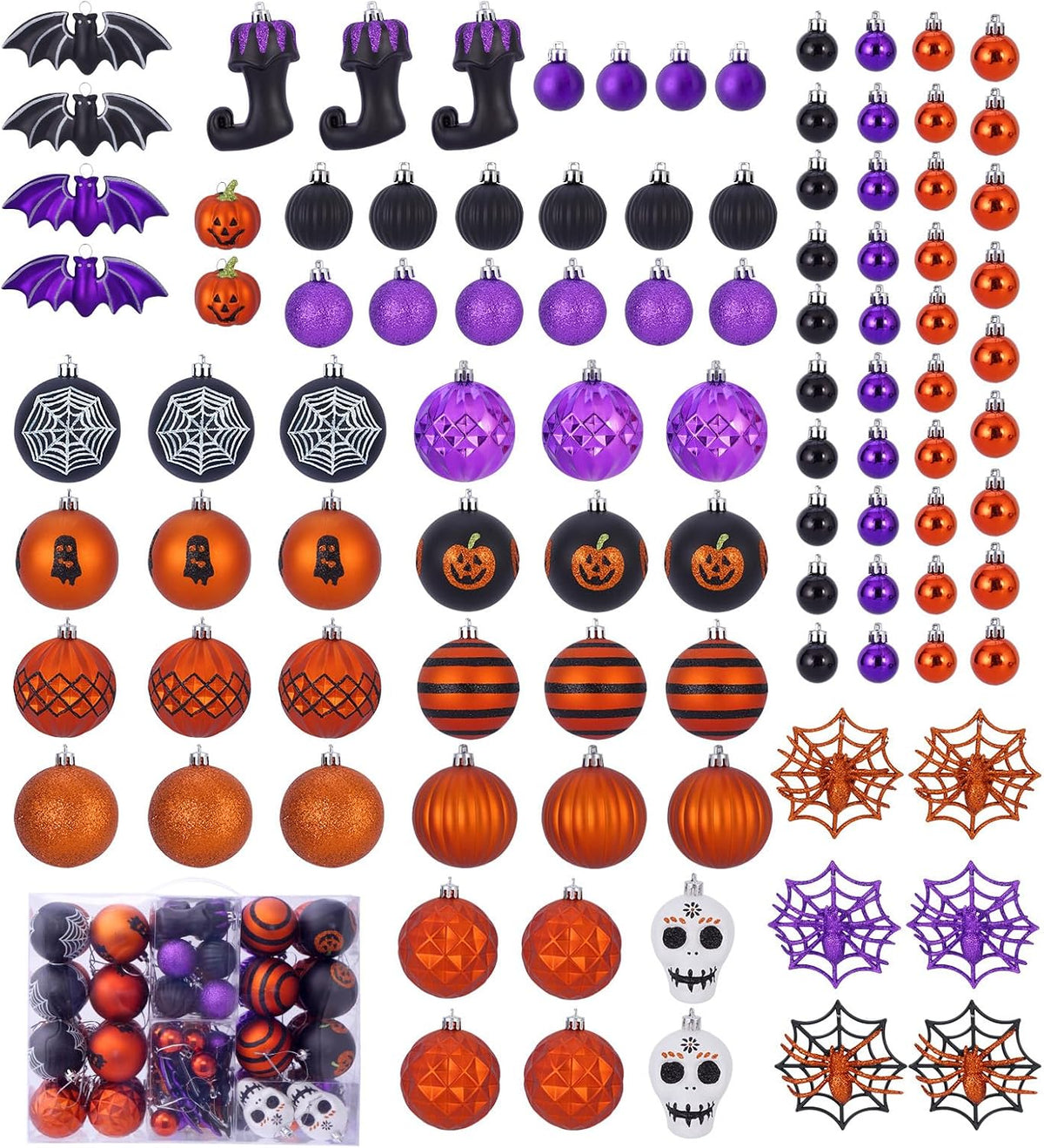 Tngan 50 Pcs Halloween Ornaments for Tree Decorations, Shatterproof | Plastic Balls with Pumpkin,Ghost, Spider Designs, Built-In Loops, for Party, Mantel, Tree, Doorway and Home