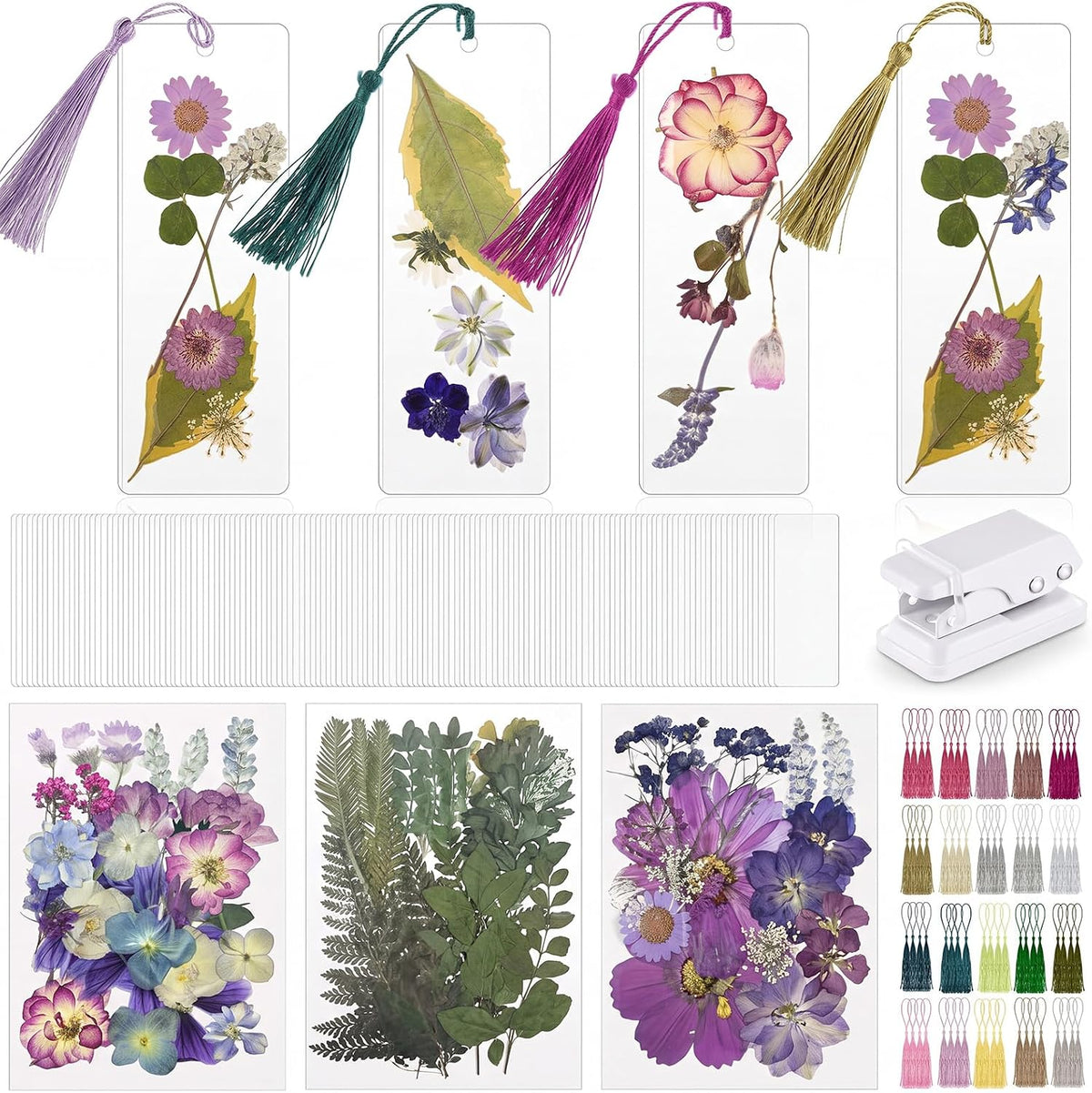 Fuyoooo 376 Pcs Pressed Flower Bookmark Kit, Pink, 2 x 6 Inch | Dried Flowers, Laminating Pouches Tassels Puncher, Craft Kit for Women Adults, Handmade DIY Bookmark Gifts for Book Lovers