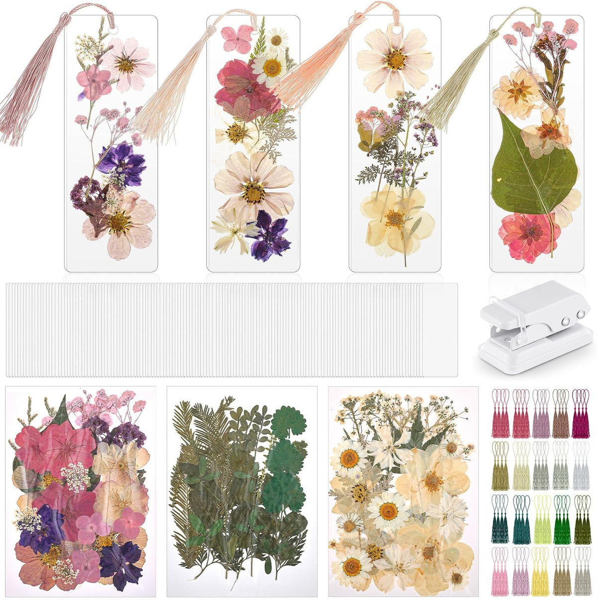 Fuyoooo 376 Pcs Pressed Flower Bookmark Kit, Boho Color, 2 x 6 Inch | Dried Flowers, Laminating Pouches Tassels Puncher, Craft Kit for Women Adults, Handmade DIY Bookmark Gifts for Book Lovers