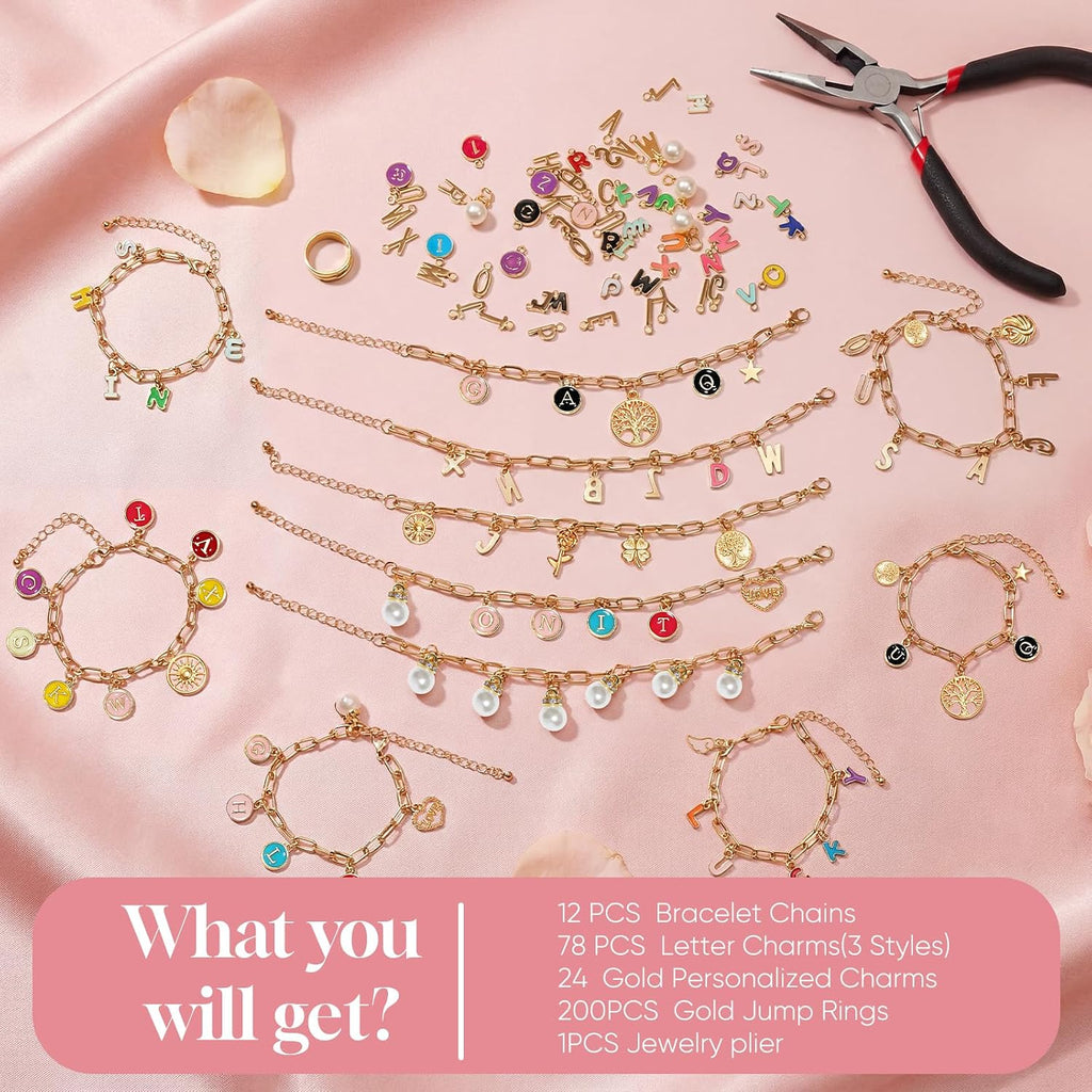 Friendship Bracelet Making Kit, DIY Jewelry Making Kit for Craft Night Beginners, Personalized Charms Birthday Gift with 12 Set Anti-Tarnish Chains & 78 Pcs Letters Charms