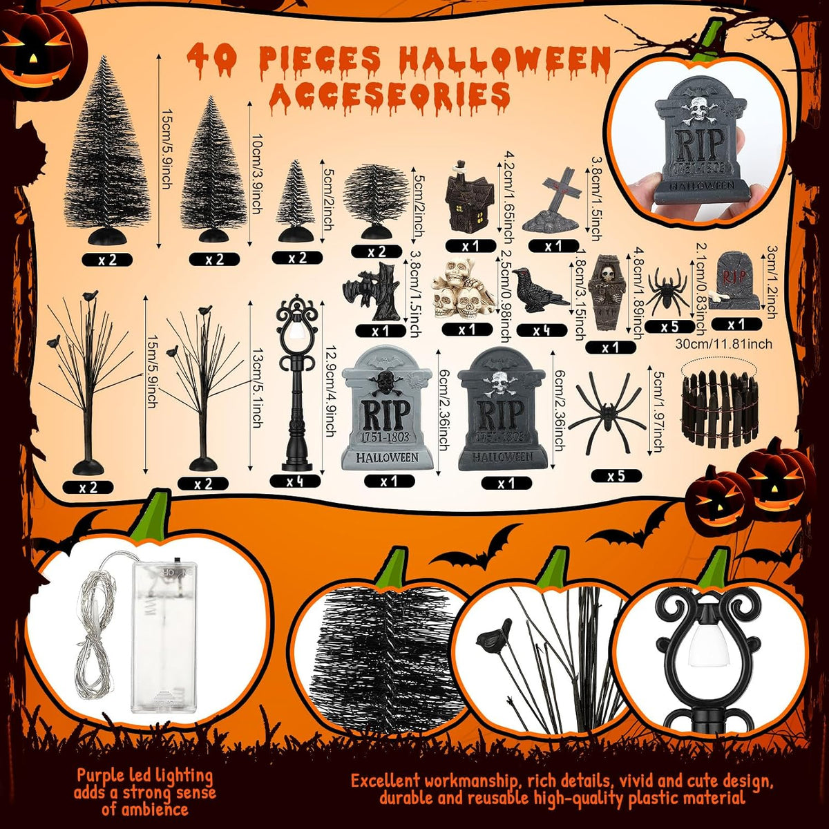 Zeyune 40 Pcs Halloween Village Accessories Set Mini Halloween Figurines | Trees with Lights, Tombstones, Bare Branches, Spiders, Crows, Resin Pieces for Village Scenes, Tabletop Horror Town Decor Set
