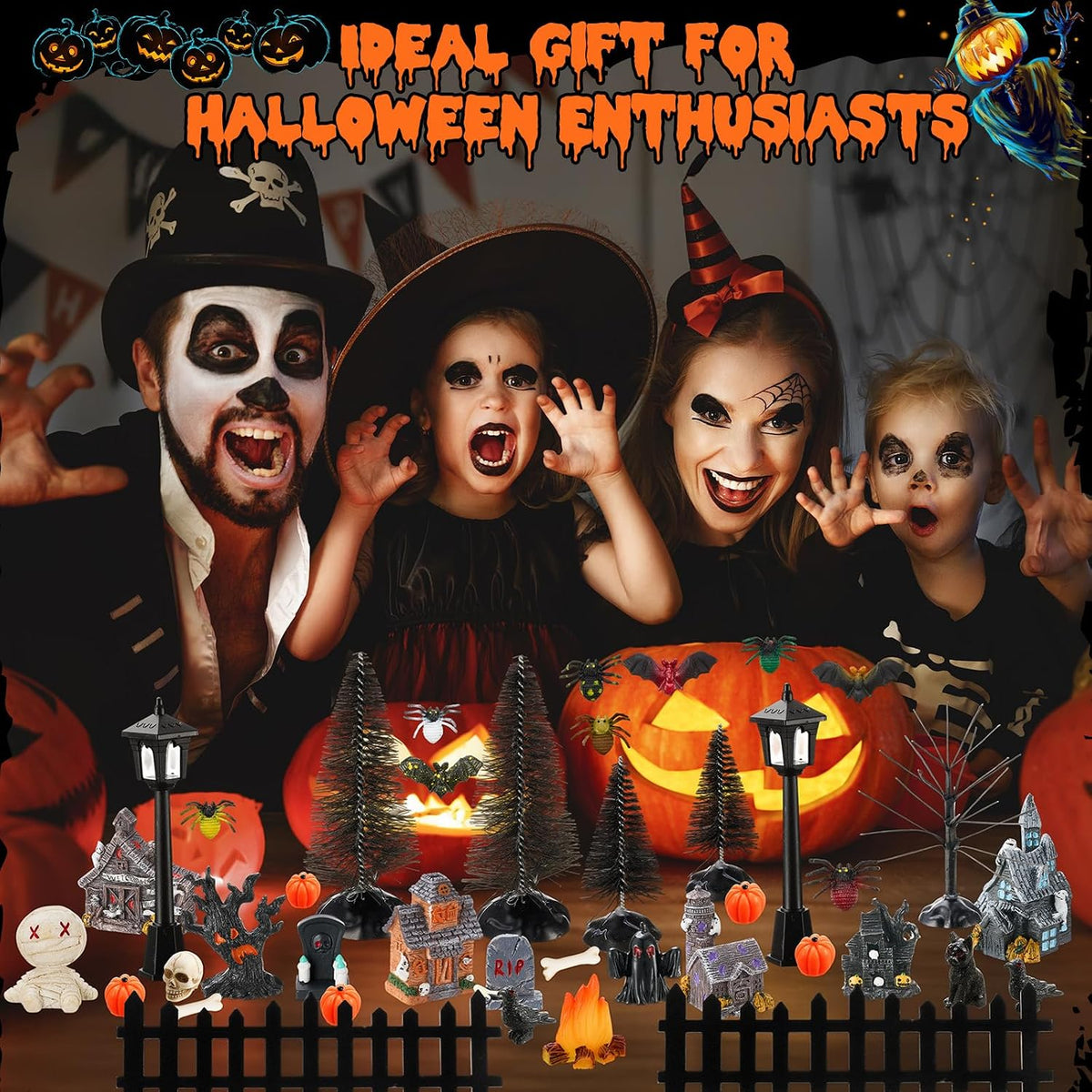 Seenelling 50 Pcs Halloween Village Miniature Haunted House Accessory Set | Tombstone Skulls Spiders Bats Figurines, Bare Branch Trees Pumpkin Fence Streetlamp, Table Landscape Display Party Scene