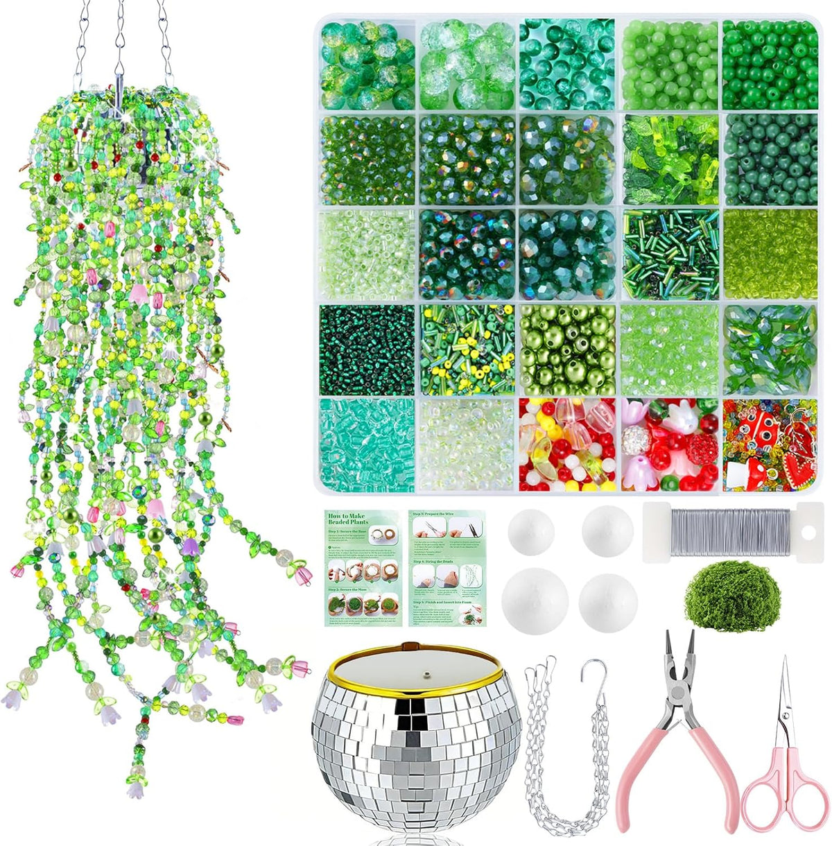 FOGWOWO 5057 Pcs Beaded Plant Kit,Glass Green Beads with Disco Ball & Chain | Forever Plant Beads Kit with Manual & Video Tutorials,Beaded Plants,Crystal Leaf Bead,for Jewelry Making DIY Craft,Suncatcher