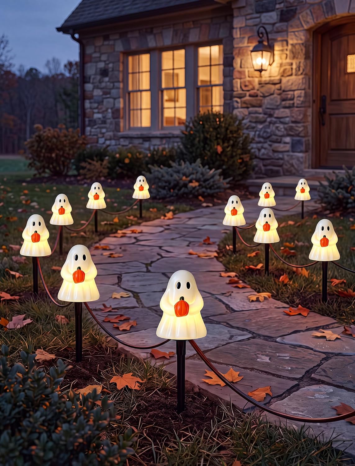 Halloween Ghost Pathway Lights, 4 Pack LED Yard Stake Lights Outdoor Decor | 7FT Plug-In, Connectable, IP44, Warm C7 LED Glow, Easy Stake Setup, Spooky Ghost Design, Trick-or-Treat Pathway Decor