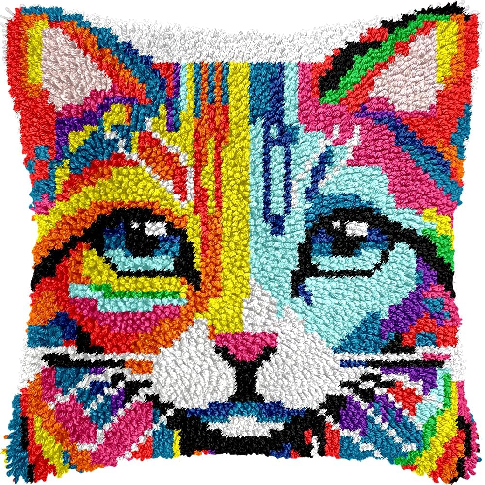 Colorful Cat Latch Hook Pillow Kits for Adults Beginner, Pre-printed Canvas | All-in-One Pets Latch Hook Rug Kit, Easy DIY Cushion Pillowcase Craft Gift Relaxing Hobby for Home Decor