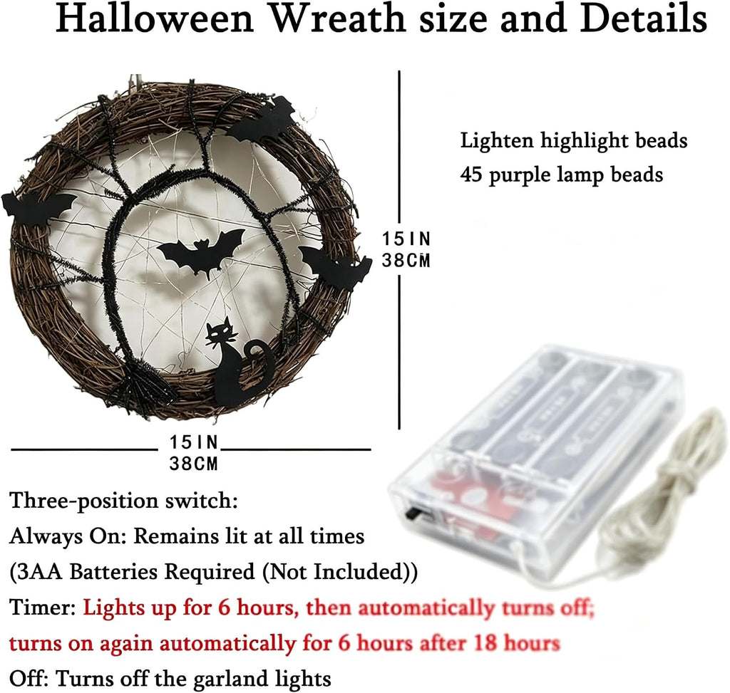 Halloween Wreaths for Front Door, 15 Inch Halloween Lighted Wreath with Bat and Cat Decor, 45 LED Purple Lights Battery Operated, Front Door Porch Wreath Decorations for Holiday Party (Purple)