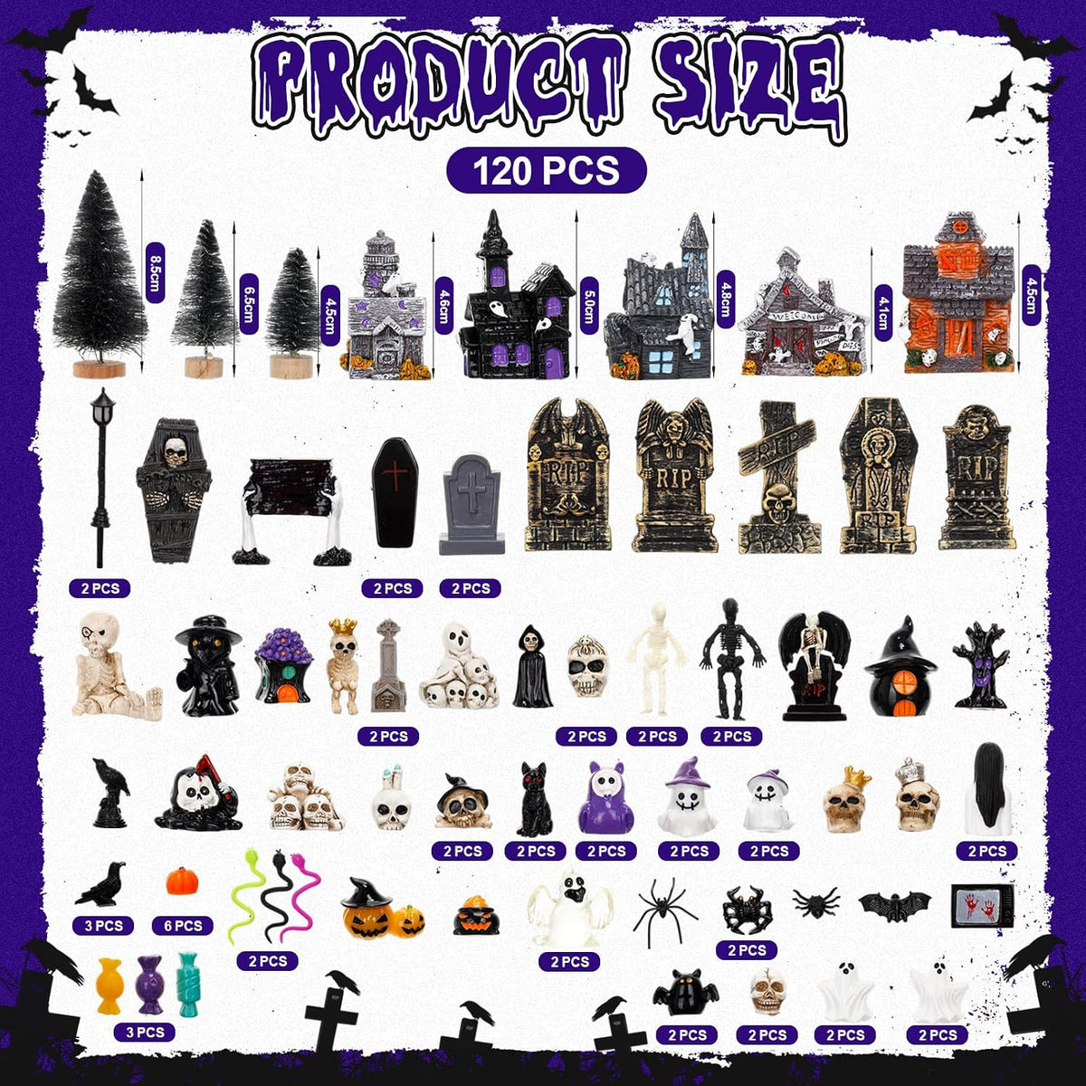 Barydat 120 Pcs Halloween Village House Accessories, Classic Style - A | Tombstone House Skeleton Spider Pumpkin Tree Ghost Streetlamp Figurine, Spooky Scene for Tabletop Party Decor