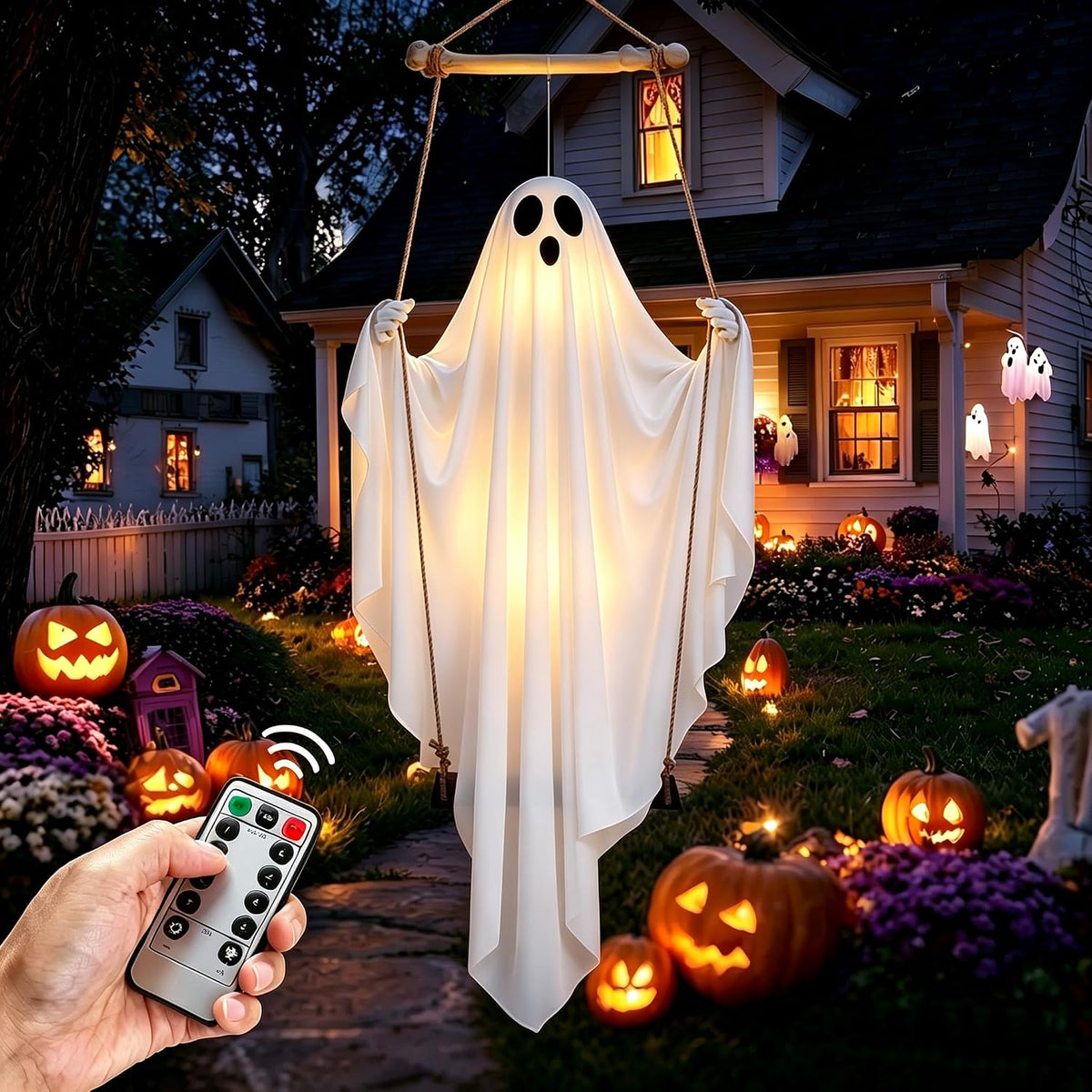 Halloween Decorations Outdoor - 5FT Hanging Swing Ghost with Remote Control | 8 LED Lights Mode,Timer Function, Realistic Skeleton Hands, Easy Adjustable, Just Hanging, For Party Porch Yard Garden Lawn