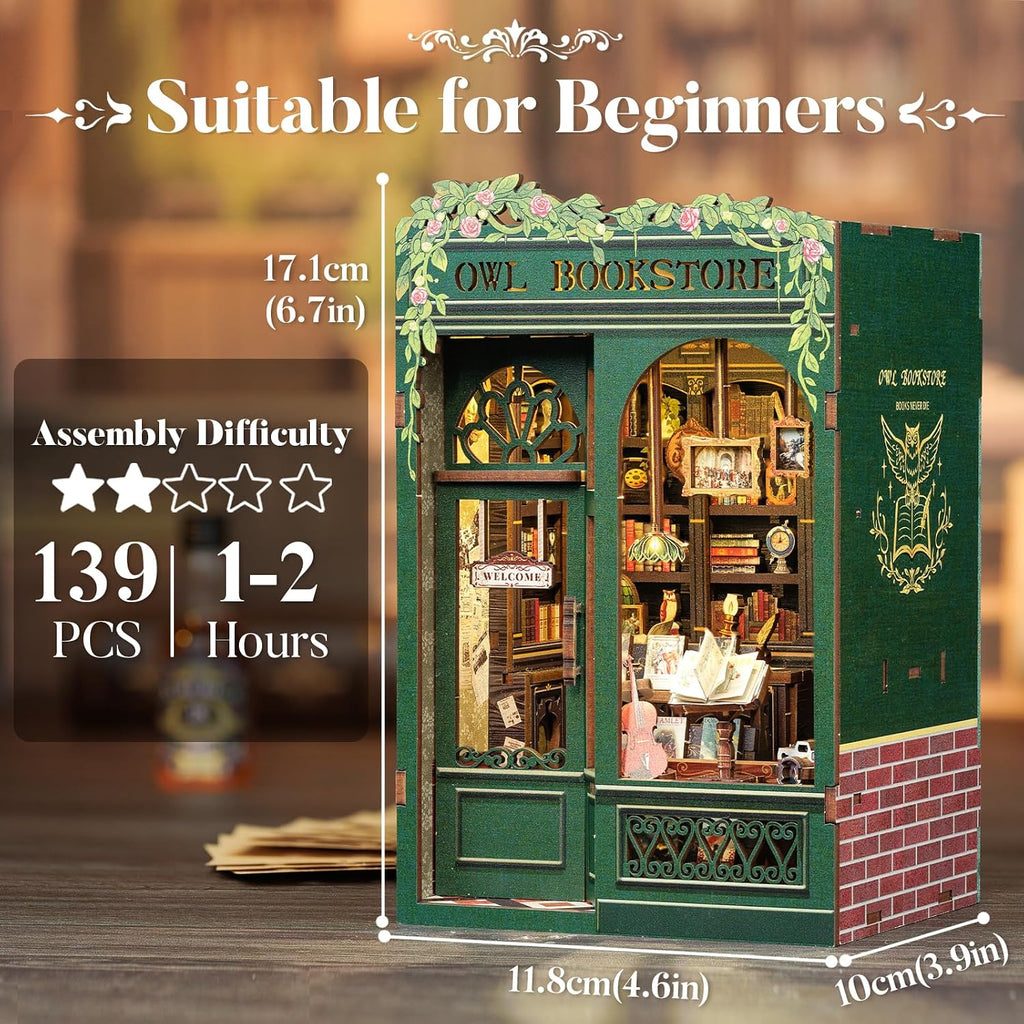 CUTEBEE Book Nook Kit - DIY Miniature House Kit for Adults, Teens and Beginners, Dollhouse Booknook Library Tiny House Bookshelf Decor 3D Wooden Puzzle, Gifts for Family, Friends (Owl Bookstore)