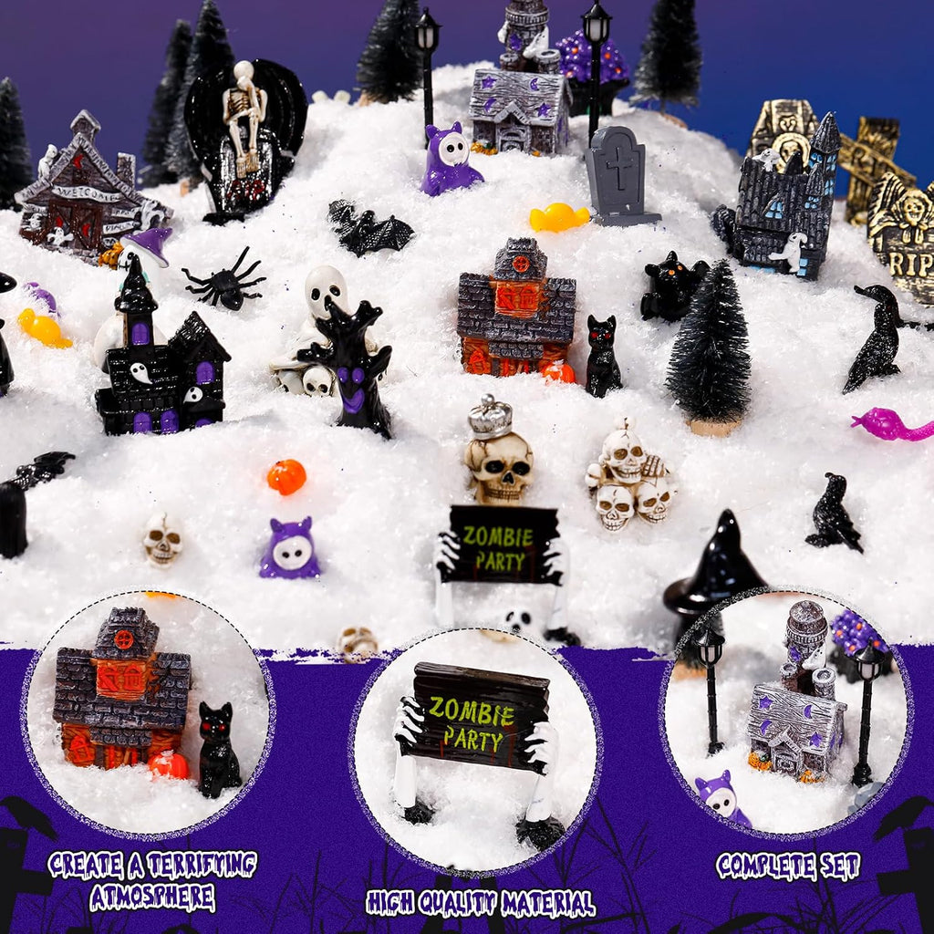 Barydat 120 Pcs Halloween Village House Accessories, Classic Style - A | Tombstone House Skeleton Spider Pumpkin Tree Ghost Streetlamp Figurine, Spooky Scene for Tabletop Party Decor
