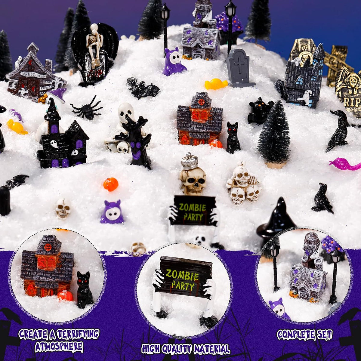 Barydat 120 Pcs Halloween Village House Accessories, Classic Style - A | Tombstone House Skeleton Spider Pumpkin Tree Ghost Streetlamp Figurine, Spooky Scene for Tabletop Party Decor