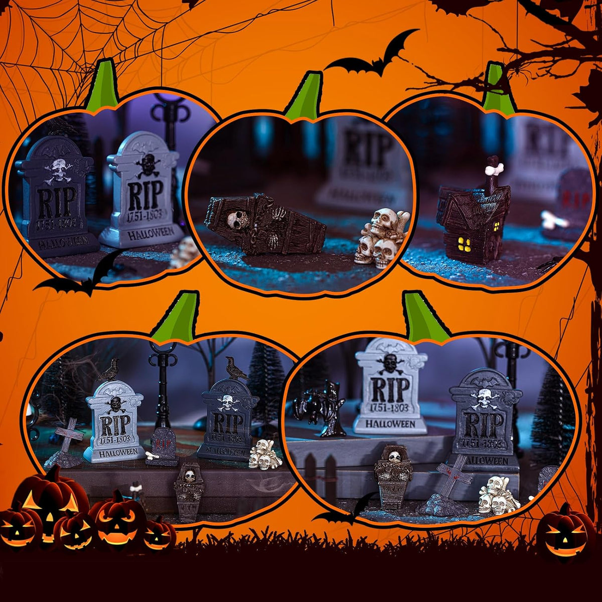 Zeyune 40 Pcs Halloween Village Accessories Set Mini Halloween Figurines | Trees with Lights, Tombstones, Bare Branches, Spiders, Crows, Resin Pieces for Village Scenes, Tabletop Horror Town Decor Set