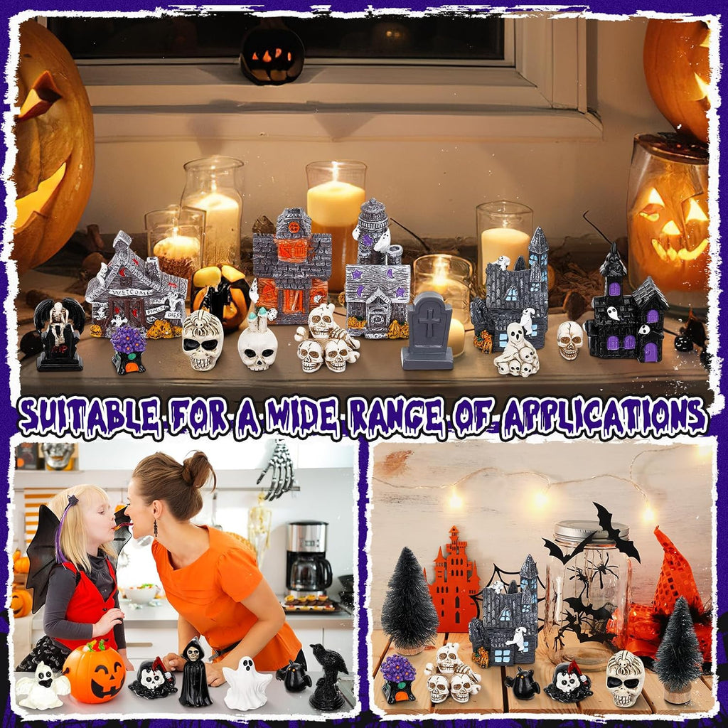 Barydat 120 Pcs Halloween Village House Accessories, Classic Style - A | Tombstone House Skeleton Spider Pumpkin Tree Ghost Streetlamp Figurine, Spooky Scene for Tabletop Party Decor