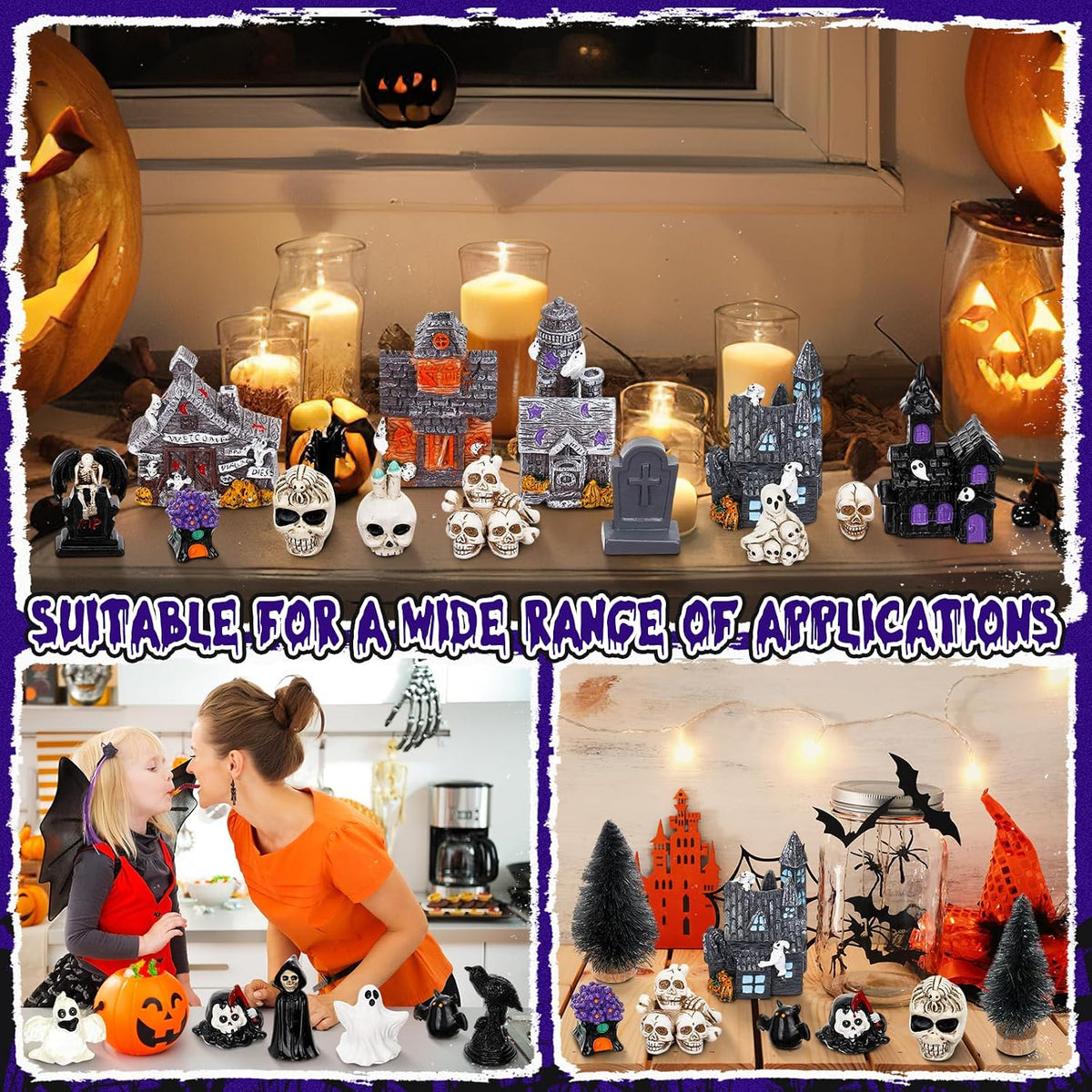 Barydat 120 Pcs Halloween Village House Accessories, Classic Style - A | Tombstone House Skeleton Spider Pumpkin Tree Ghost Streetlamp Figurine, Spooky Scene for Tabletop Party Decor