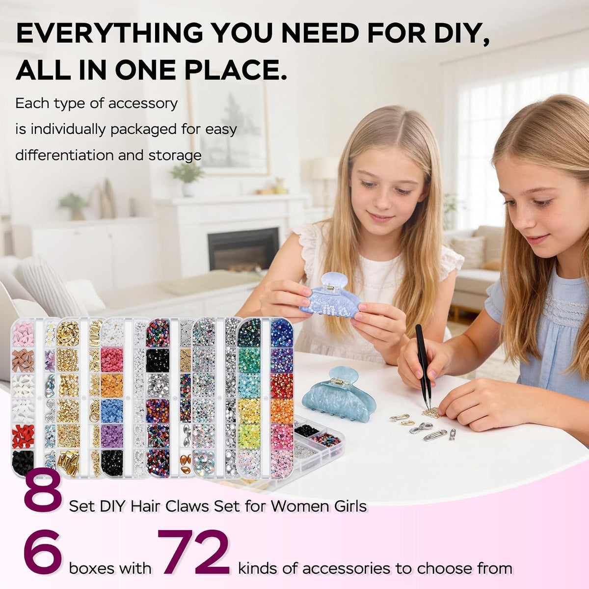 8 Sets DIY Hair Claw Clips Kit, Claw Clip Decorating Kit for Craft Night | Claw Clip Bedazzling Kit, 6 Boxes Accessories with Storage Box, Custom Hair Clip Making Kit for Women Adults DIY Craft Night