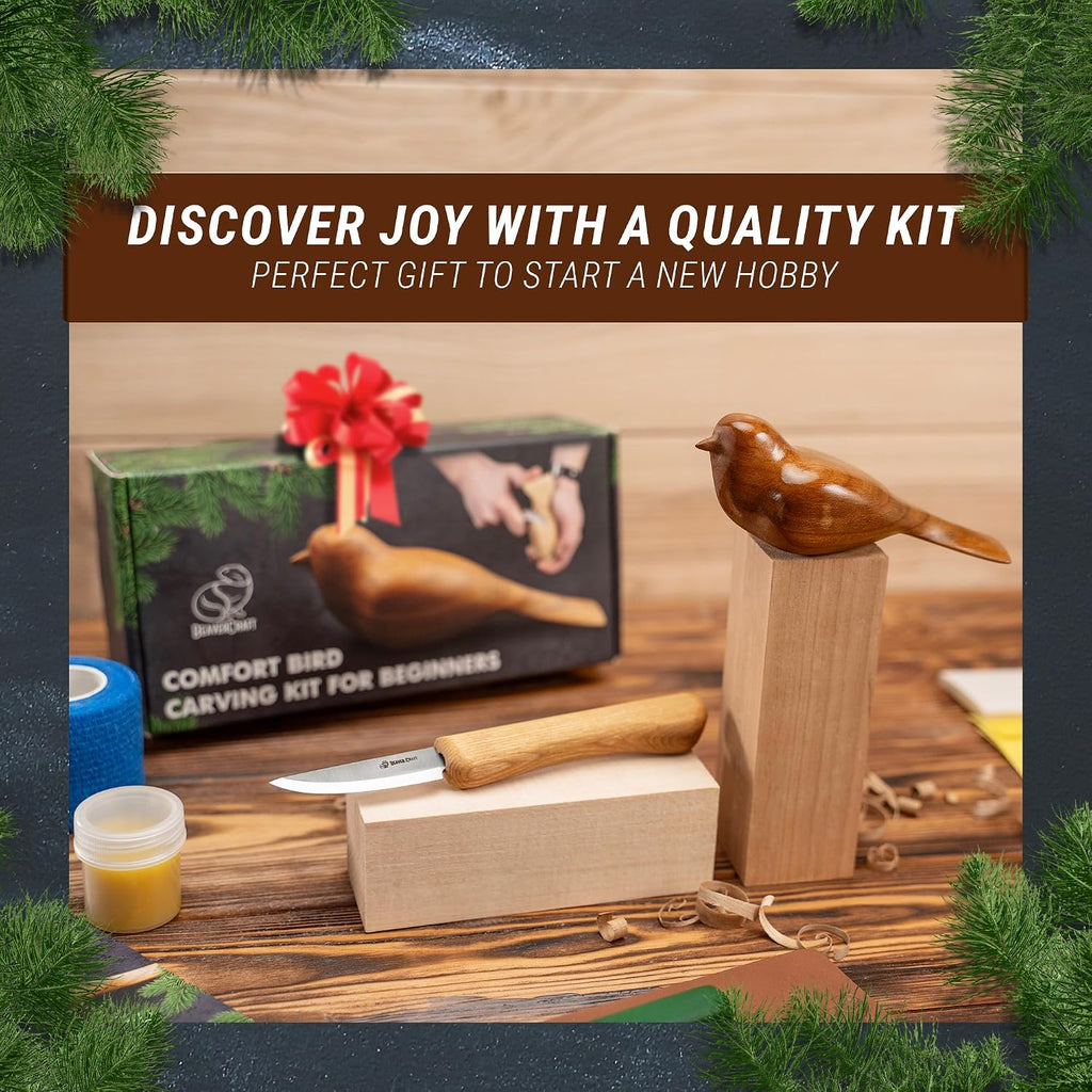 BeaverCraft Wood Carving Kit for Beginners Comfort Bird DIY Whittling Set | 2 Сarving Blocks & Whittling Knife, Leather Strop, Tutorial - DIY Craft Hobby Kit for Adults & Kids, Wood Carving Knife Set