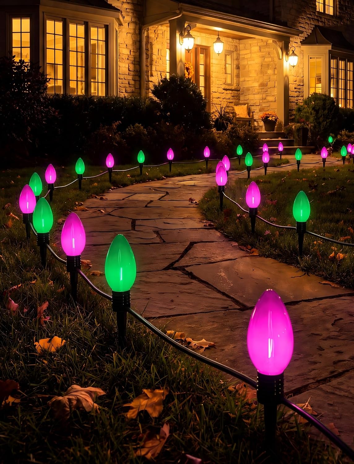 Halloween Ghost Pathway Lights, 4 Pack LED Yard Stake Lights Outdoor Decor | 7FT Plug-In, Connectable, IP44, Warm C7 LED Glow, Easy Stake Setup, Spooky Ghost Design, Trick-or-Treat Pathway Decor