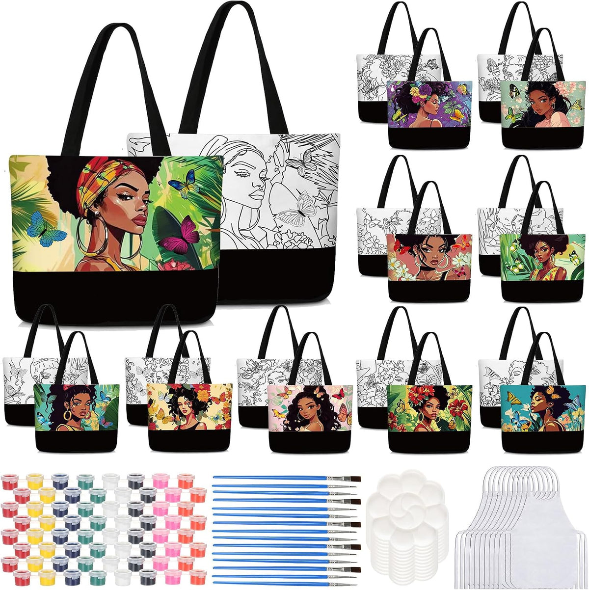 Paint and Sip Canvas Bags Pre Drawn Kit,Afro Queen | Includes Brushes Paints Apron Palette, Ready-to-paint Tote Bags for Adults Women, Complete DIY Art Party Supplies