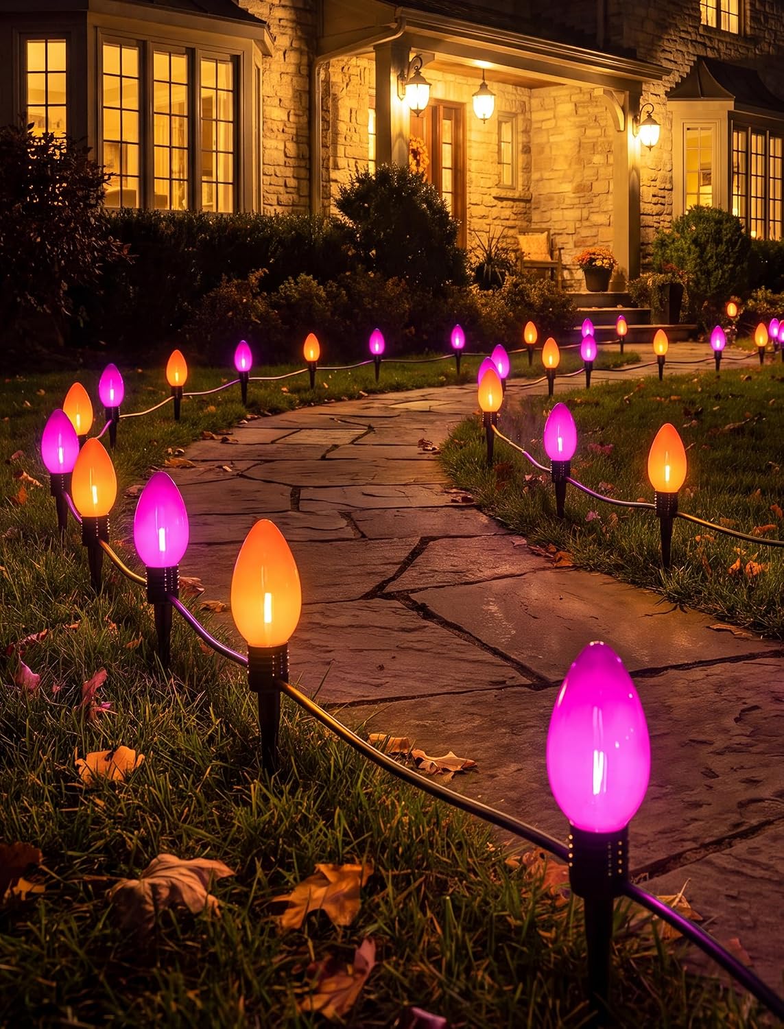 Halloween Ghost Pathway Lights, 4 Pack LED Yard Stake Lights Outdoor Decor | 7FT Plug-In, Connectable, IP44, Warm C7 LED Glow, Easy Stake Setup, Spooky Ghost Design, Trick-or-Treat Pathway Decor