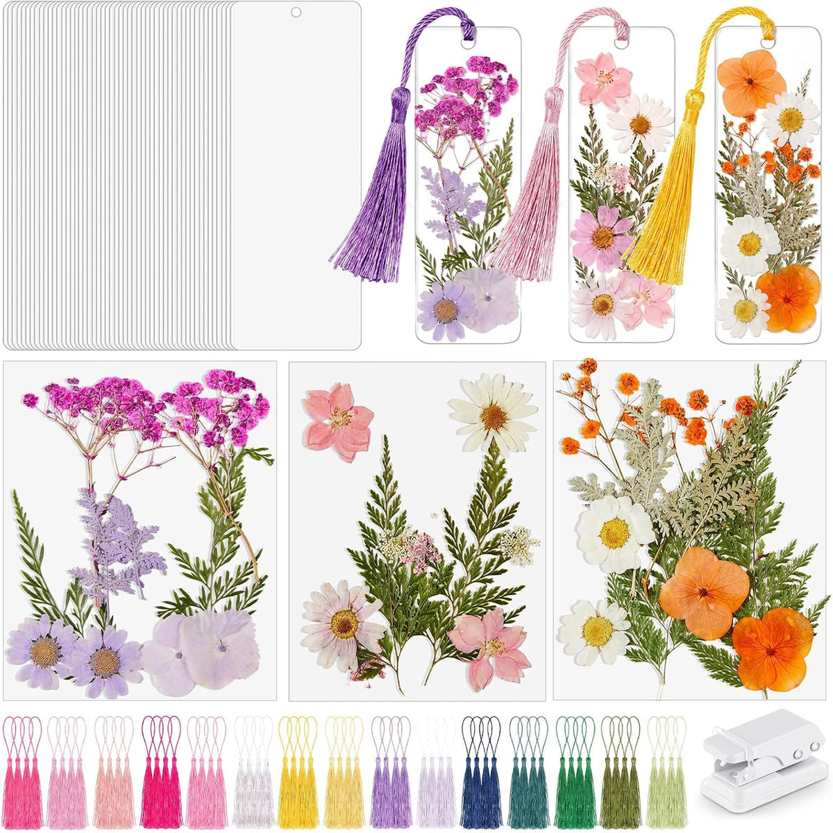 Fuyoooo 376 Pcs Pressed Flower Bookmark Kit, Boho Color, 2 x 6 Inch | Dried Flowers, Laminating Pouches Tassels Puncher, Craft Kit for Women Adults, Handmade DIY Bookmark Gifts for Book Lovers
