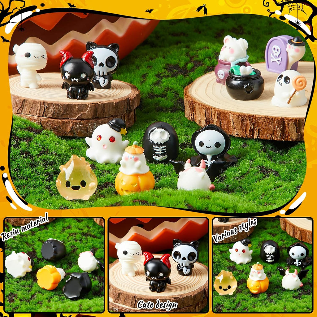 Leitee 100 Pcs Halloween Mini Resin Figurines | 50 Styles with Pumpkins, Ghosts, Skulls and Bats for Dollhouses, Gardens, Party Favors and Crafts