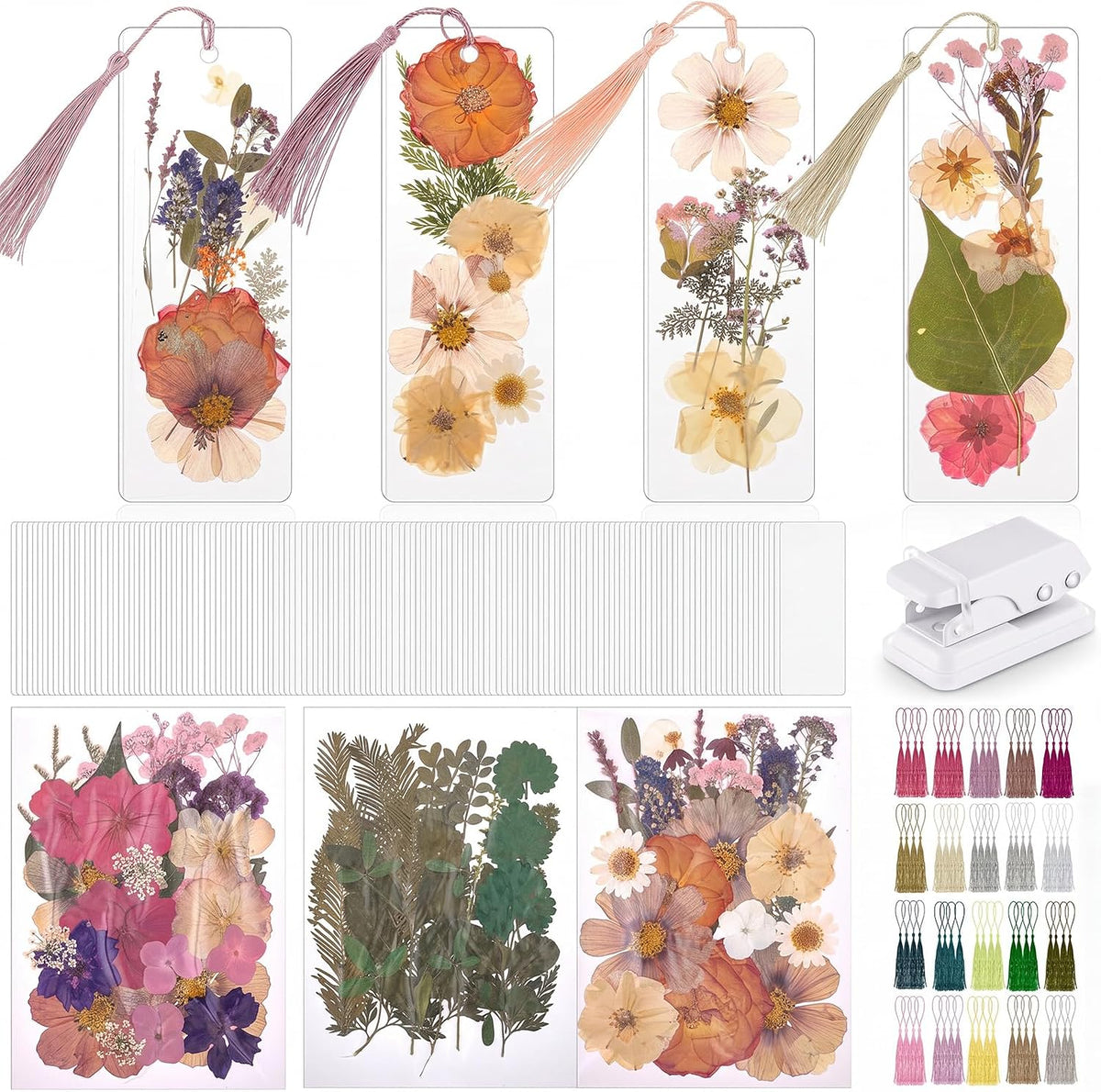 Fuyoooo 376 Pcs Pressed Flower Bookmark Kit, Pink, 2 x 6 Inch | Dried Flowers, Laminating Pouches Tassels Puncher, Craft Kit for Women Adults, Handmade DIY Bookmark Gifts for Book Lovers