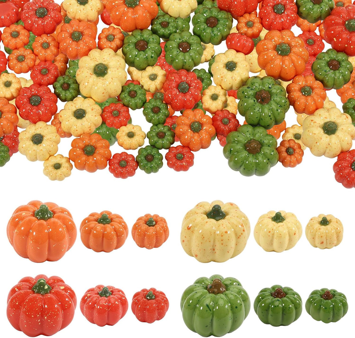 CONCHLERY 64Pcs 3 Sizes Resin Artificial Mini Pumpkin 12 Colors Fake Pumpkins for Fall Thanksgiving Decor Halloween Harvest DIY Craft Home Table Ornaments