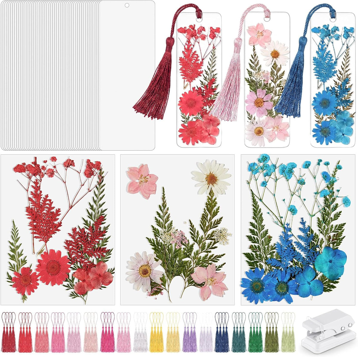 Fuyoooo 376 Pcs Pressed Flower Bookmark Kit, Boho Color, 2 x 6 Inch | Dried Flowers, Laminating Pouches Tassels Puncher, Craft Kit for Women Adults, Handmade DIY Bookmark Gifts for Book Lovers