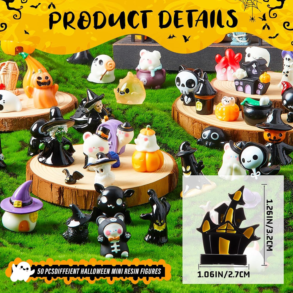 Leitee 100 Pcs Halloween Mini Resin Figurines | 50 Styles with Pumpkins, Ghosts, Skulls and Bats for Dollhouses, Gardens, Party Favors and Crafts