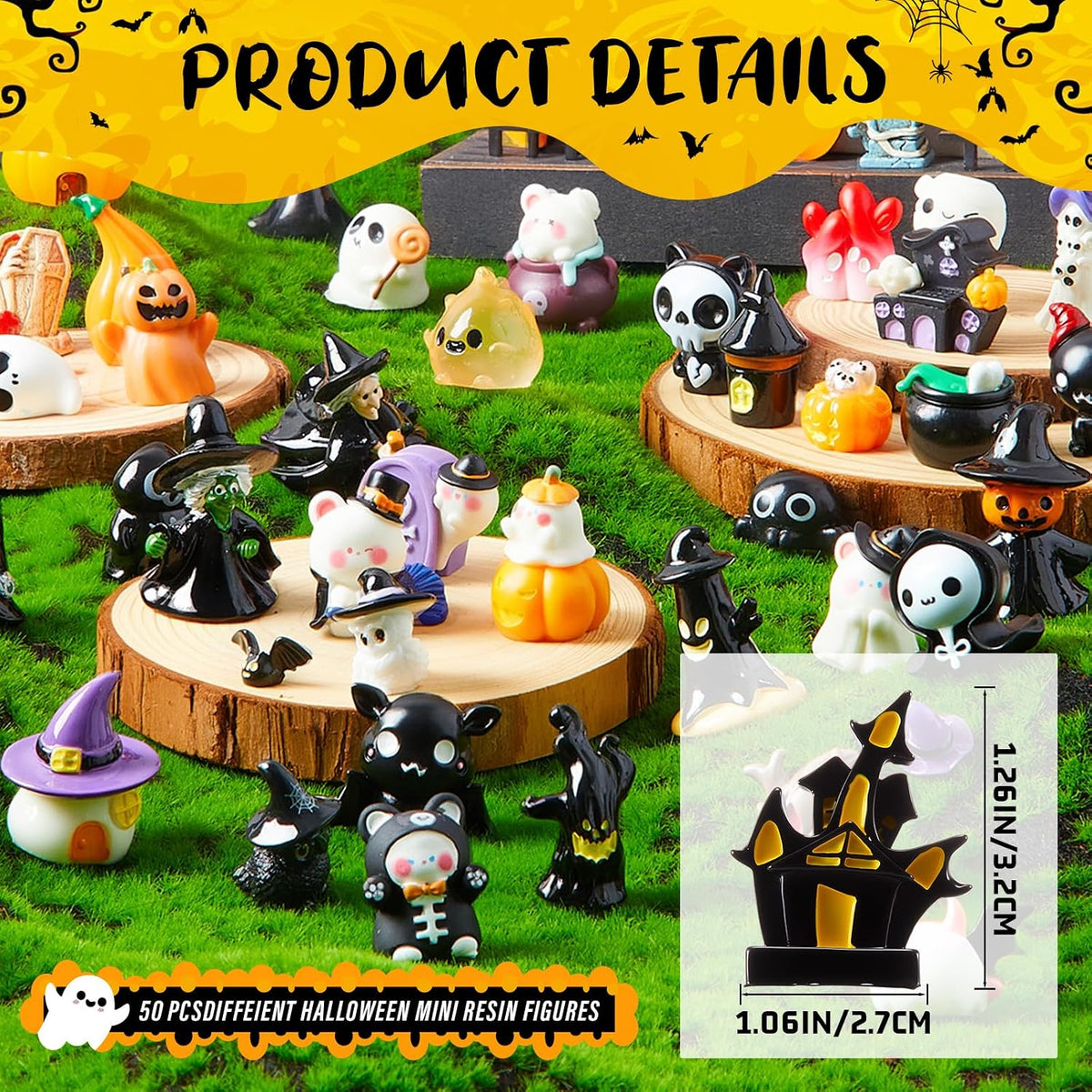 Leitee 100 Pcs Halloween Mini Resin Figurines | 50 Styles with Pumpkins, Ghosts, Skulls and Bats for Dollhouses, Gardens, Party Favors and Crafts