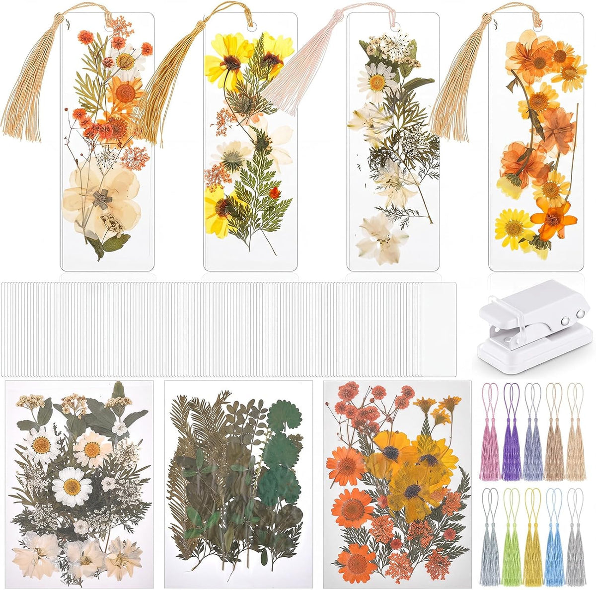 Fuyoooo 376 Pcs Pressed Flower Bookmark Kit, Boho Color, 2 x 6 Inch | Dried Flowers, Laminating Pouches Tassels Puncher, Craft Kit for Women Adults, Handmade DIY Bookmark Gifts for Book Lovers