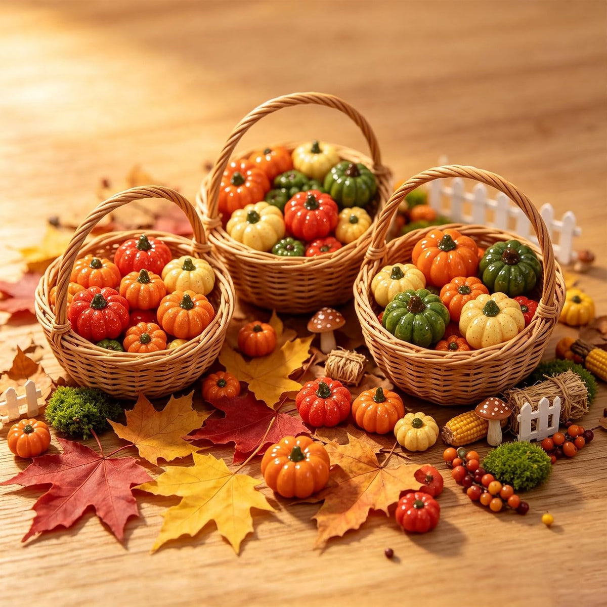 CONCHLERY 64Pcs 3 Sizes Resin Artificial Mini Pumpkin 12 Colors Fake Pumpkins for Fall Thanksgiving Decor Halloween Harvest DIY Craft Home Table Ornaments