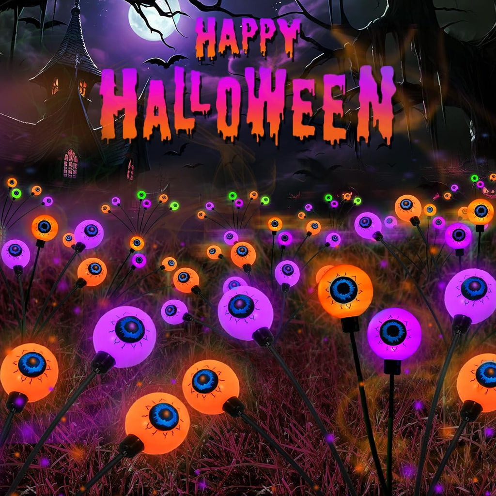 6 Pack Solar Halloween Decorations Outdoor 36 LED Solar Eyeball Lights | Orange and Purple Halloween Lights, Sway by Wind, IP65 Waterproof, 2 Modes, for Pathway Garden Yard Lawn Horror Party Decor