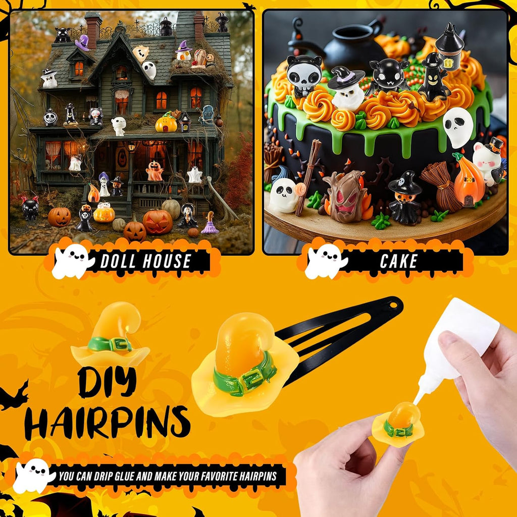 Leitee 100 Pcs Halloween Mini Resin Figurines | 50 Styles with Pumpkins, Ghosts, Skulls and Bats for Dollhouses, Gardens, Party Favors and Crafts