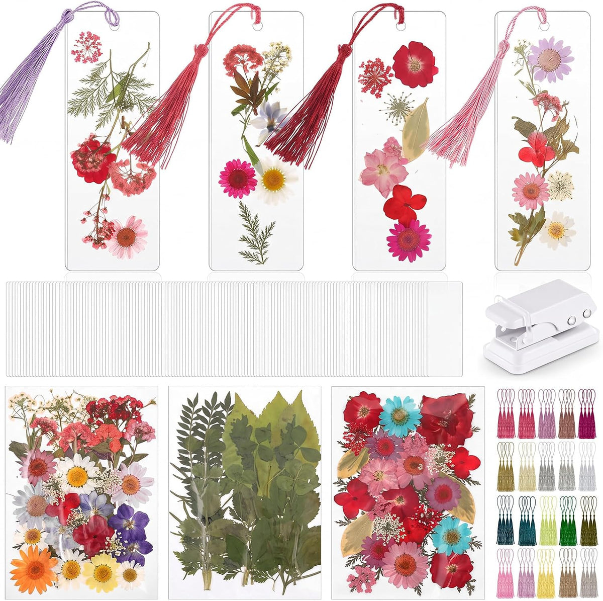 Fuyoooo 376 Pcs Pressed Flower Bookmark Kit, Pink, 2 x 6 Inch | Dried Flowers, Laminating Pouches Tassels Puncher, Craft Kit for Women Adults, Handmade DIY Bookmark Gifts for Book Lovers