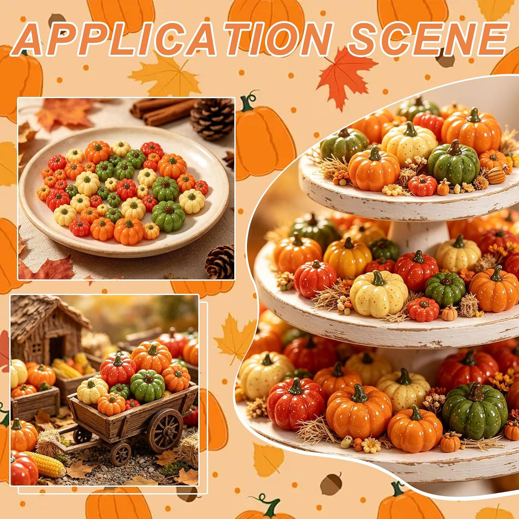 CONCHLERY 64Pcs 3 Sizes Resin Artificial Mini Pumpkin 12 Colors Fake Pumpkins for Fall Thanksgiving Decor Halloween Harvest DIY Craft Home Table Ornaments