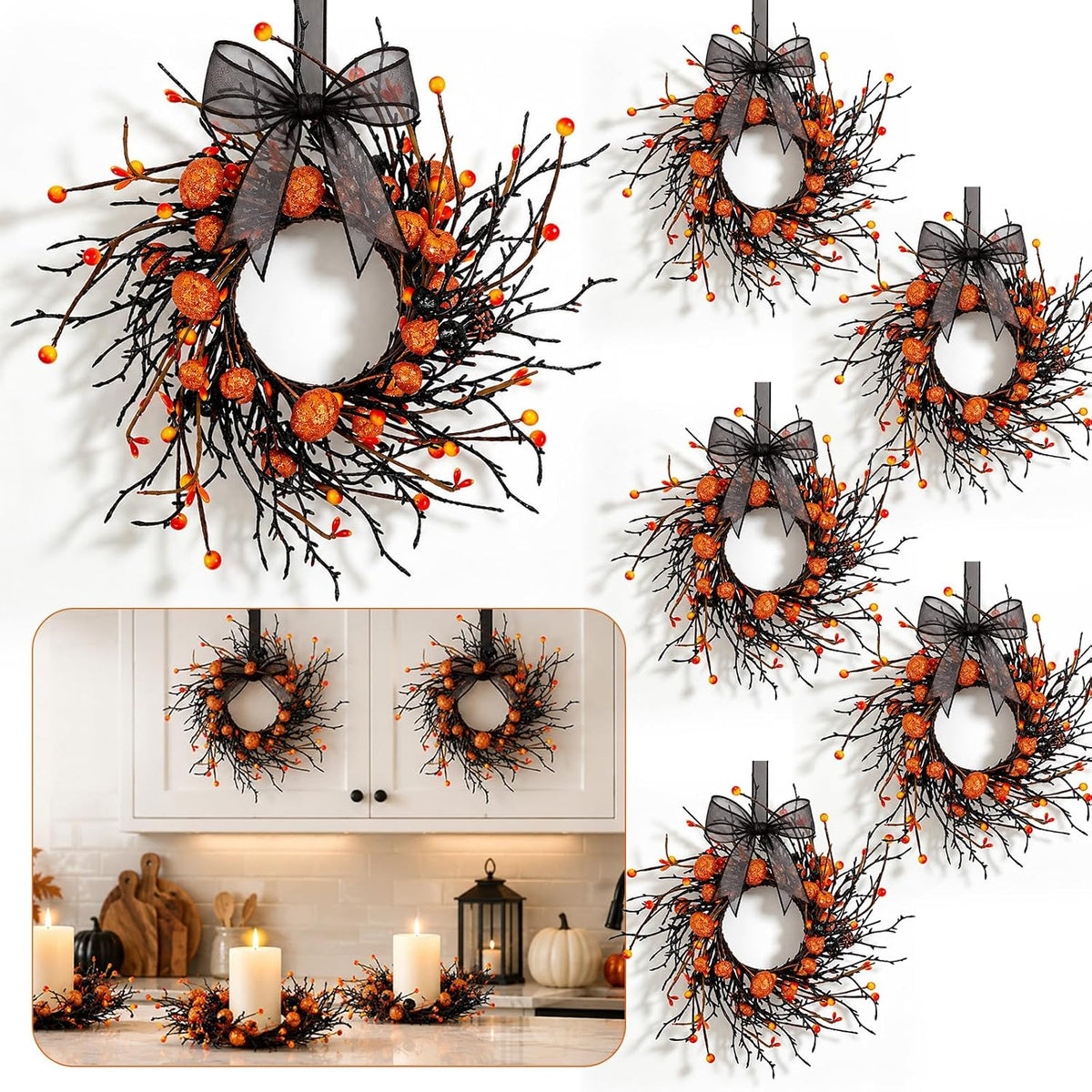 8 PCS Small Halloween Wreaths Mini Black Halloween Candle Rings | 6 Inch Halloween Cabinet Bows Wreaths, Hanging Wreath for Front Door Window Decoration Kitchen Cabinet Fireplace Home Decor