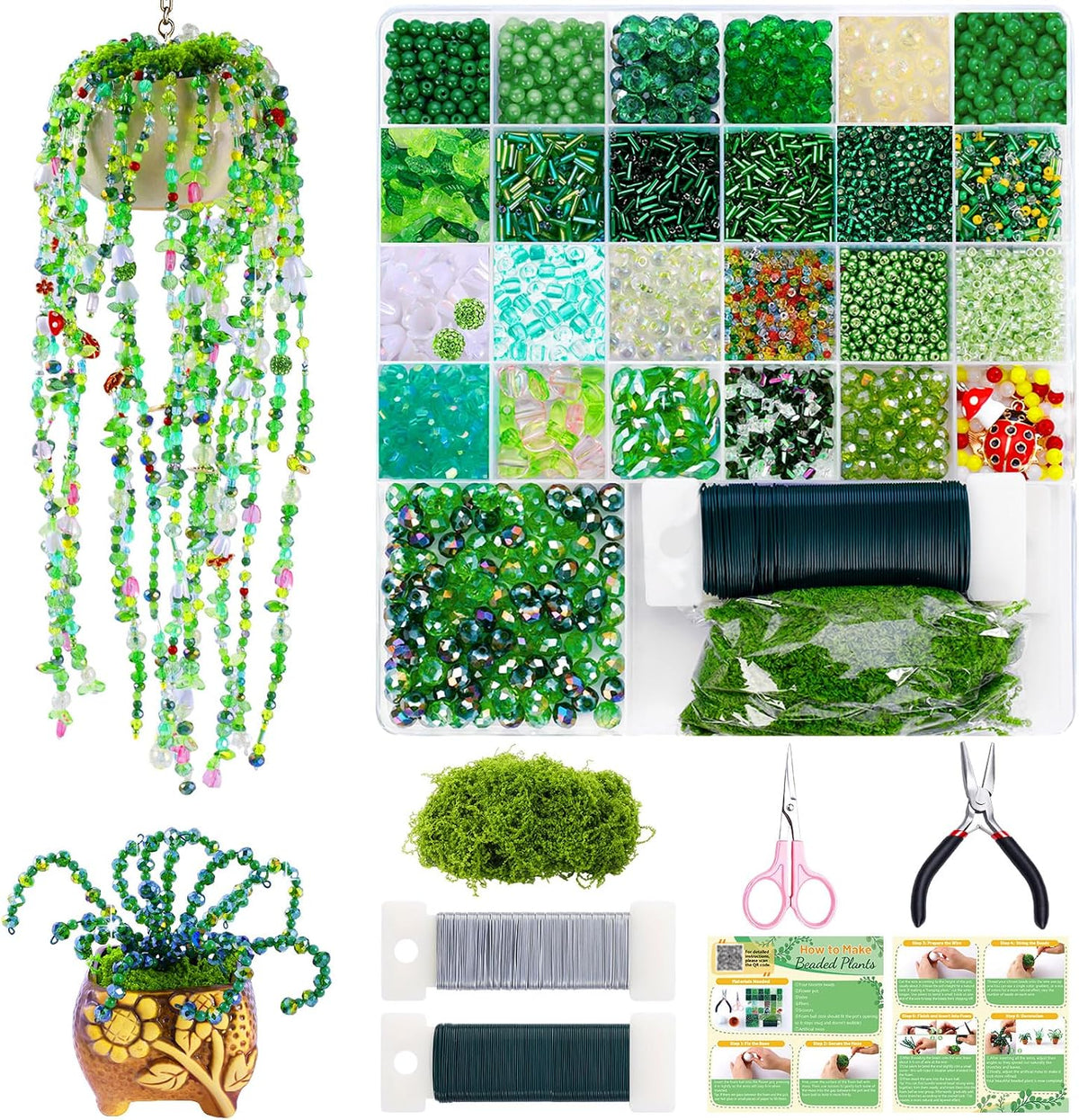 FOGWOWO 5057 Pcs Beaded Plant Kit,Glass Green Beads with Disco Ball & Chain | Forever Plant Beads Kit with Manual & Video Tutorials,Beaded Plants,Crystal Leaf Bead,for Jewelry Making DIY Craft,Suncatcher