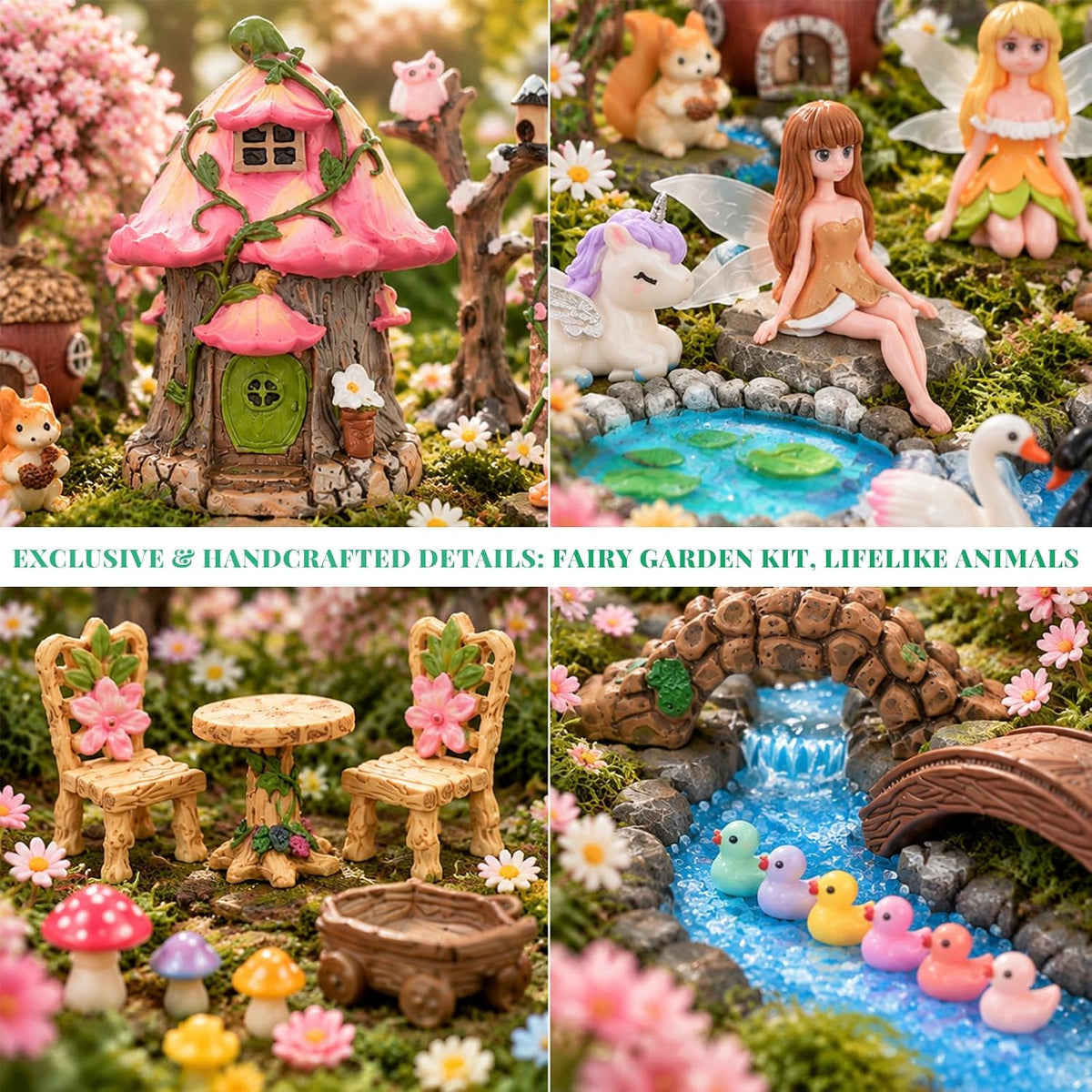 Xihaian 104 Pcs Fairy Garden Accessories Miniature House Figurines Kit | Complete Miniature Garden Ornaments, House Animal Plant Statues, Sturdy Resin, DIY Terrarium Potted Dollhouse Landscape Decor