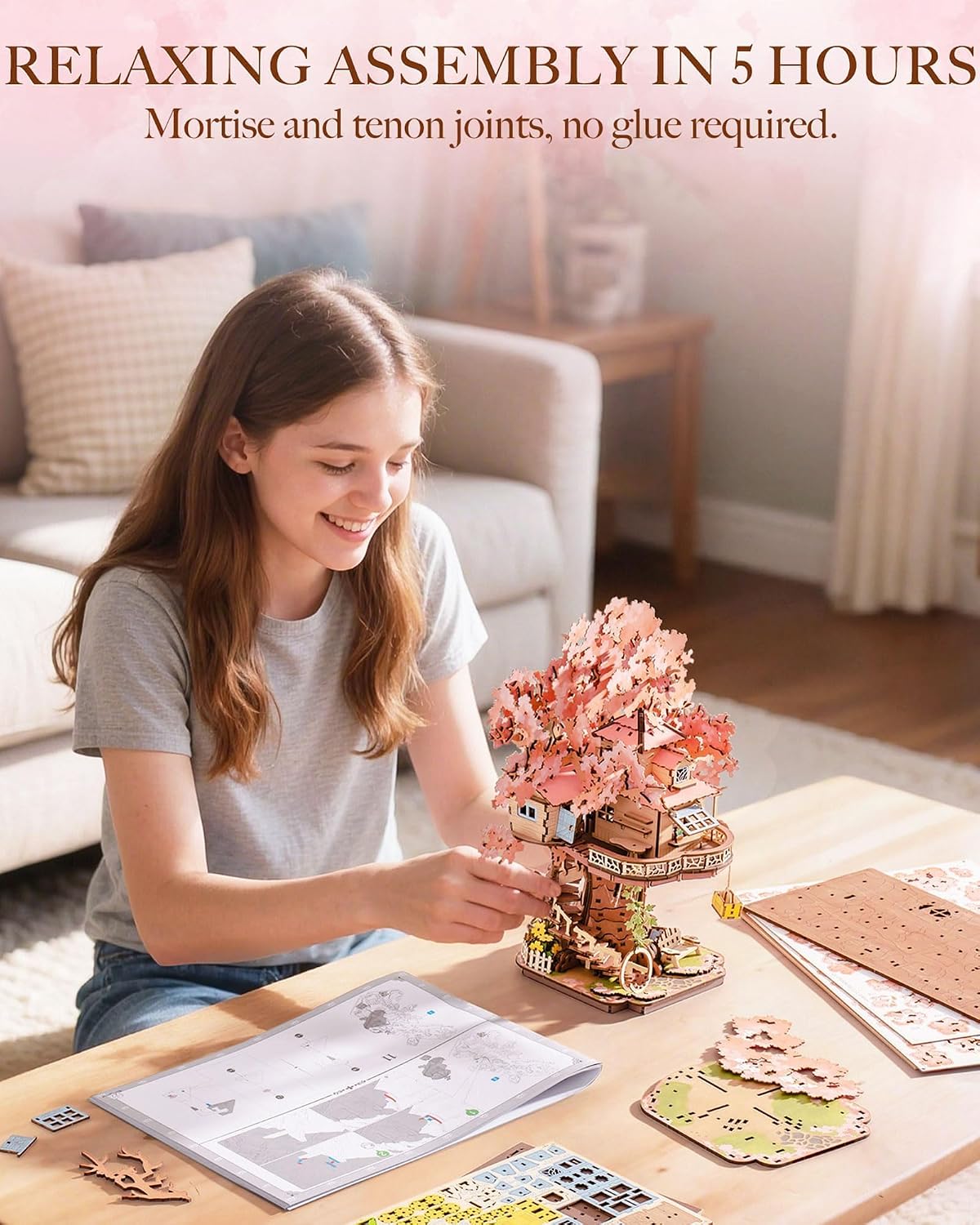 DIY Miniature House Kits Sakura Tree House 12 3D Wooden Puzzles | Japanese Cherry Blossom Bonsai Model Building Kit, Wooden Craft Home Decor Gift for Adults Family