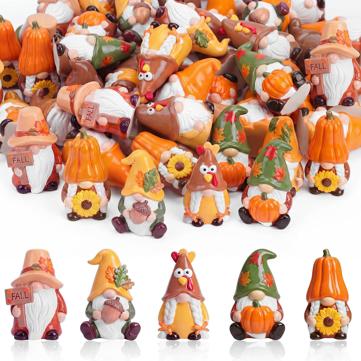 AceOrbit 50 Pcs Fall Mini Gnome Figurine Miniature Resin Gnomes Decor | Fall Harvest Tiny Dwarf Gnomes, Thanksgiving Tabletop Tiered Tray Gift, for Home Tabletop Fireplace Mantle Window