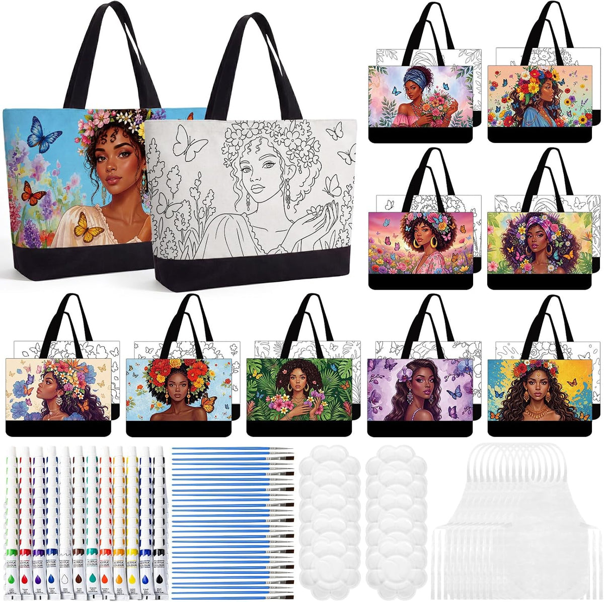 Paint and Sip Canvas Bags Pre Drawn Kit,Afro Queen | Includes Brushes Paints Apron Palette, Ready-to-paint Tote Bags for Adults Women, Complete DIY Art Party Supplies