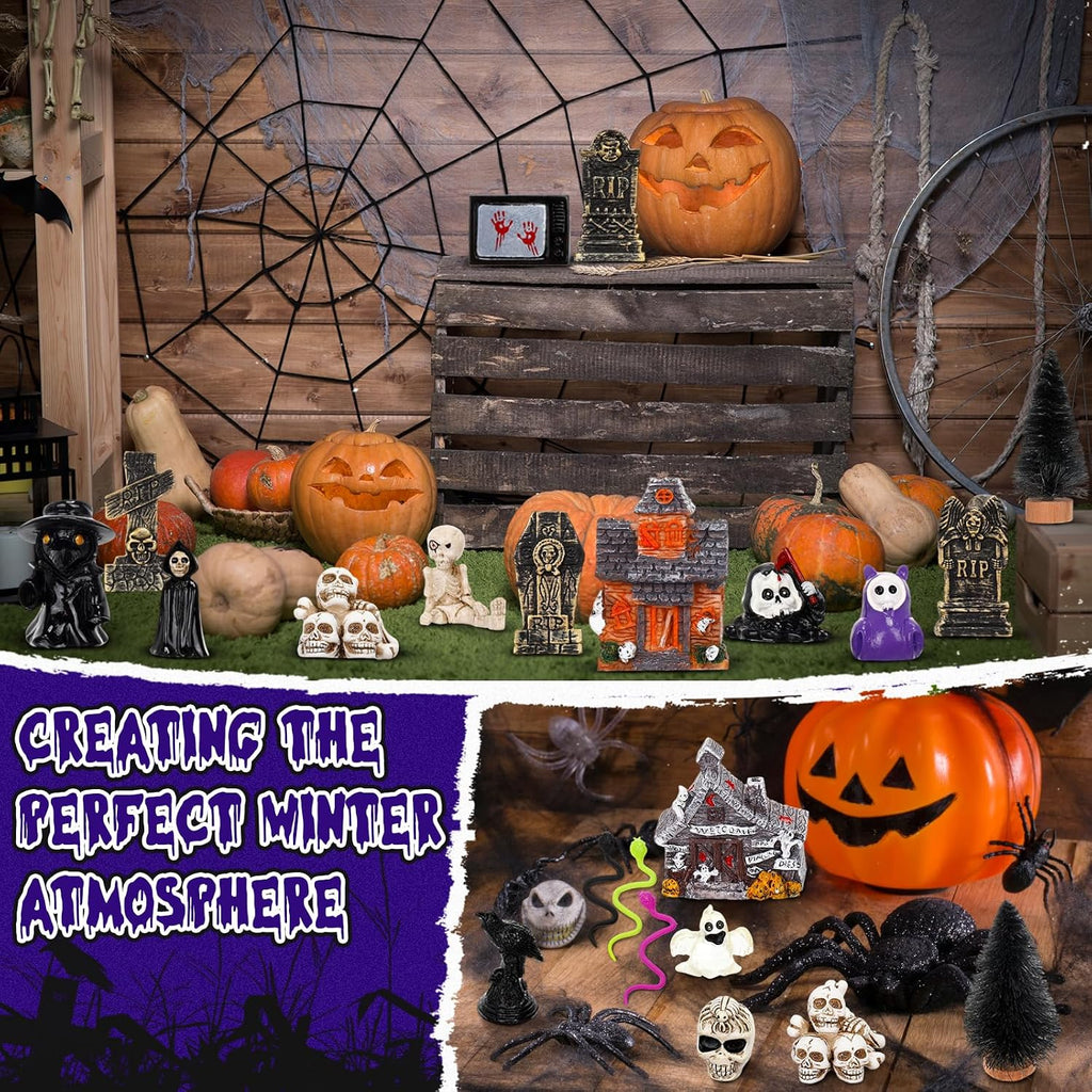 Barydat 120 Pcs Halloween Village House Accessories, Classic Style - A | Tombstone House Skeleton Spider Pumpkin Tree Ghost Streetlamp Figurine, Spooky Scene for Tabletop Party Decor