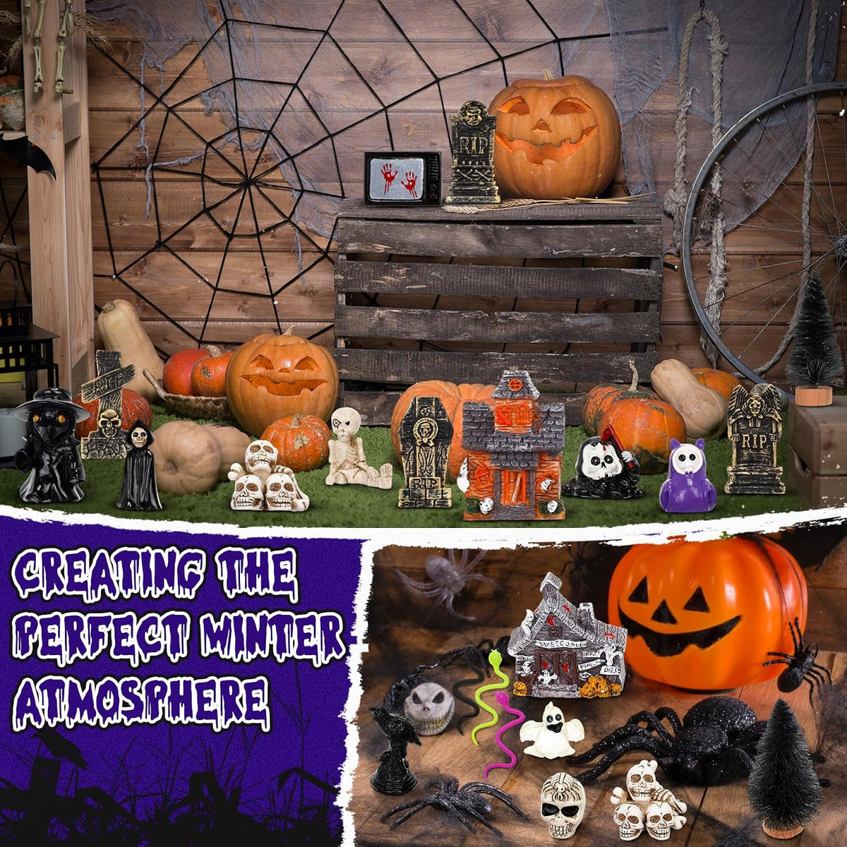 Barydat 120 Pcs Halloween Village House Accessories, Classic Style - A | Tombstone House Skeleton Spider Pumpkin Tree Ghost Streetlamp Figurine, Spooky Scene for Tabletop Party Decor