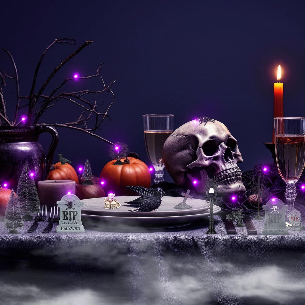 Zeyune 40 Pcs Halloween Village Accessories Set Mini Halloween Figurines | Trees with Lights, Tombstones, Bare Branches, Spiders, Crows, Resin Pieces for Village Scenes, Tabletop Horror Town Decor Set