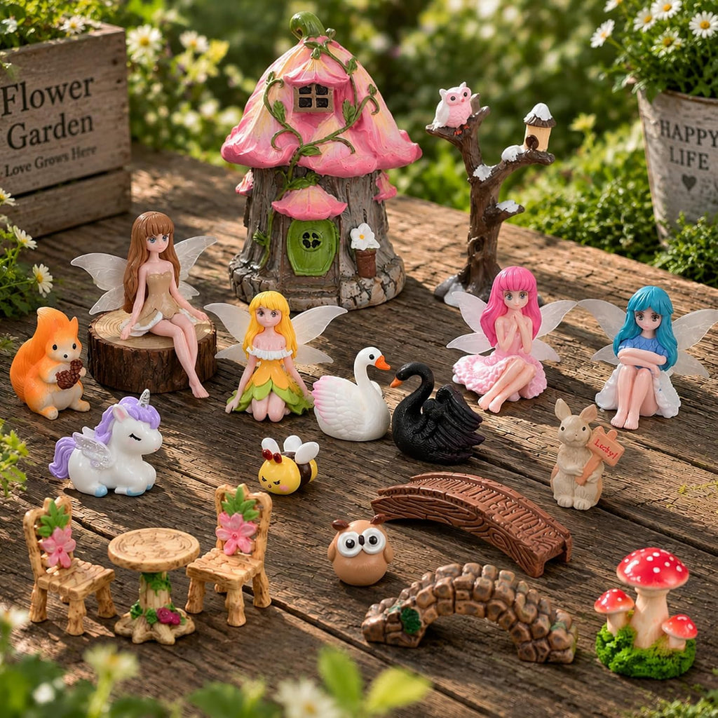 Xihaian 104 Pcs Fairy Garden Accessories Miniature House Figurines Kit | Complete Miniature Garden Ornaments, House Animal Plant Statues, Sturdy Resin, DIY Terrarium Potted Dollhouse Landscape Decor