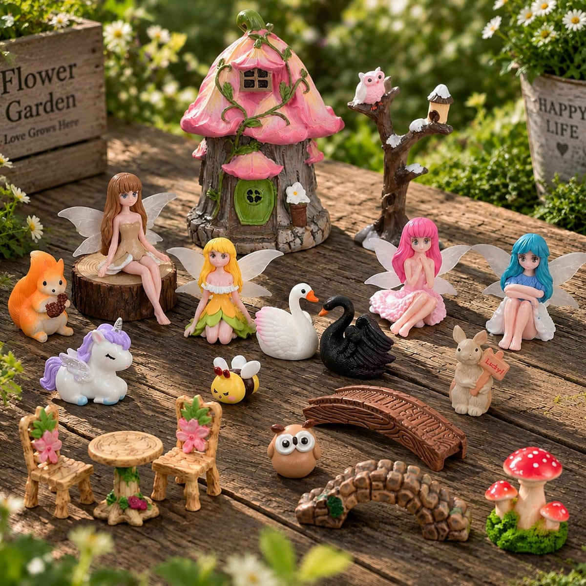 Xihaian 104 Pcs Fairy Garden Accessories Miniature House Figurines Kit | Complete Miniature Garden Ornaments, House Animal Plant Statues, Sturdy Resin, DIY Terrarium Potted Dollhouse Landscape Decor